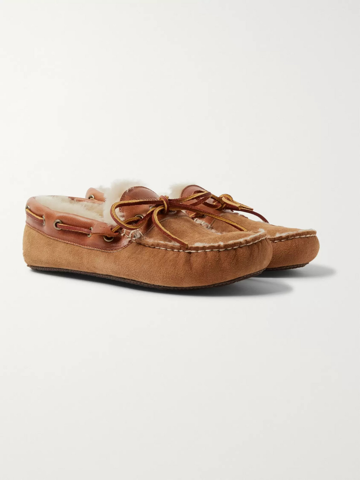 Quoddy Fireside Leather-trimmed Shearling-lined Suede Slippers In Brown