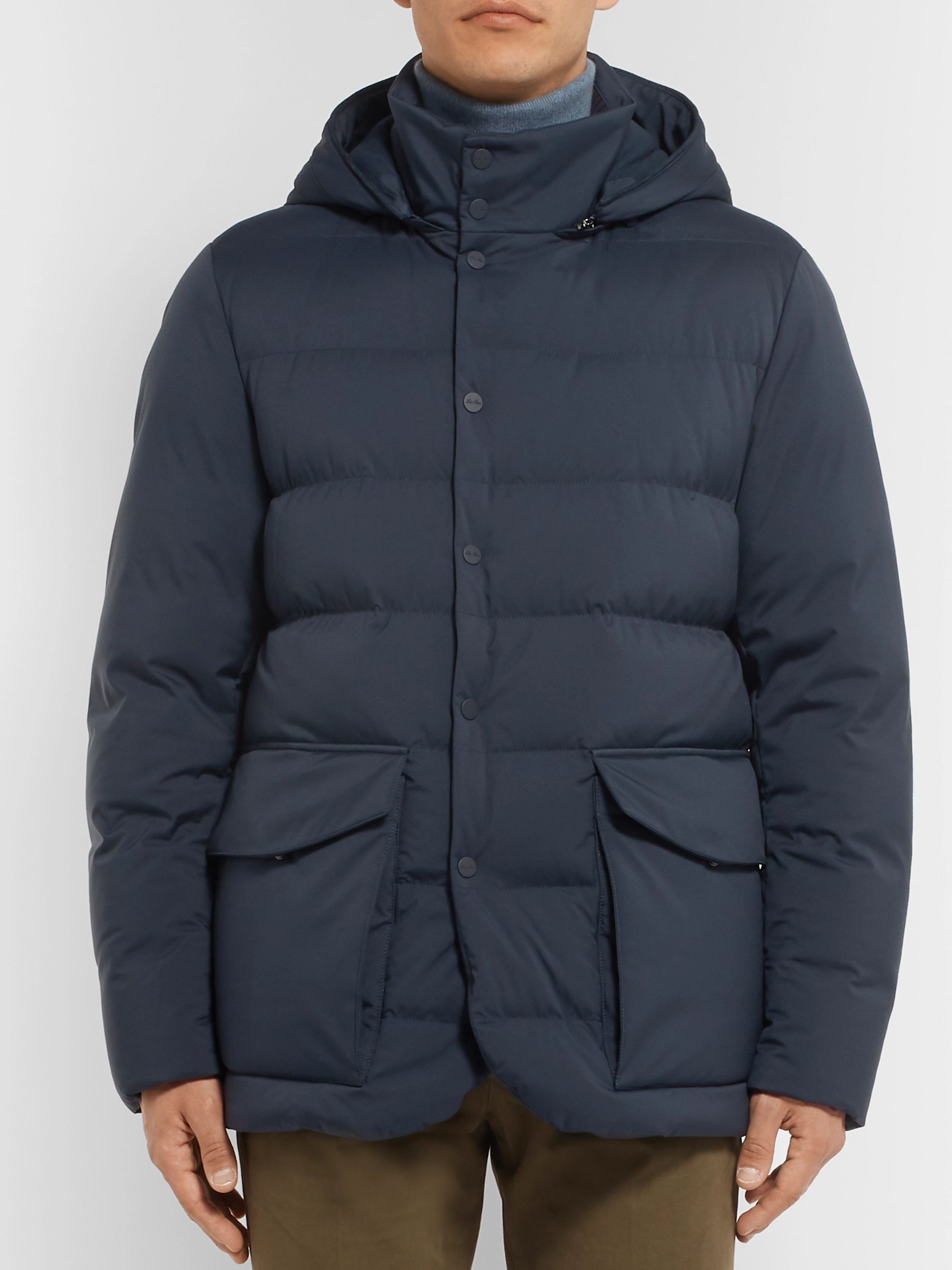 Navy Clearwater Quilted Storm System Shell Hooded Down Jacket | LORO ...