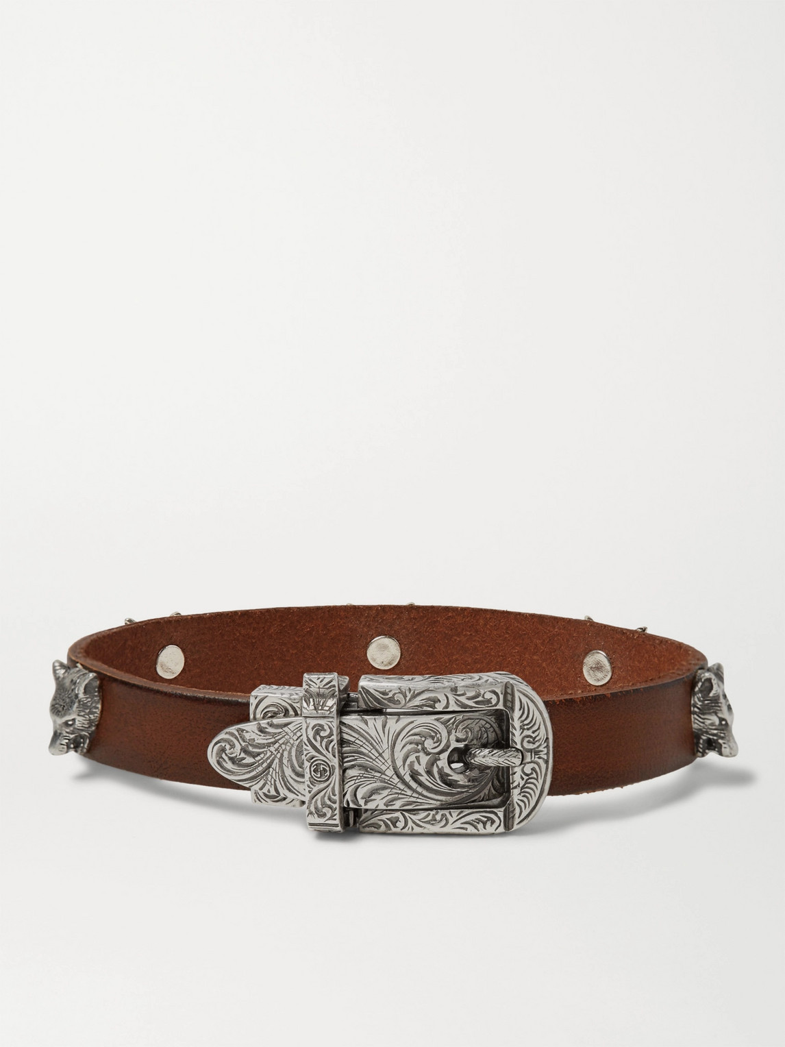 Gucci Burnished-leather And Silver-tone Bracelet In Brown