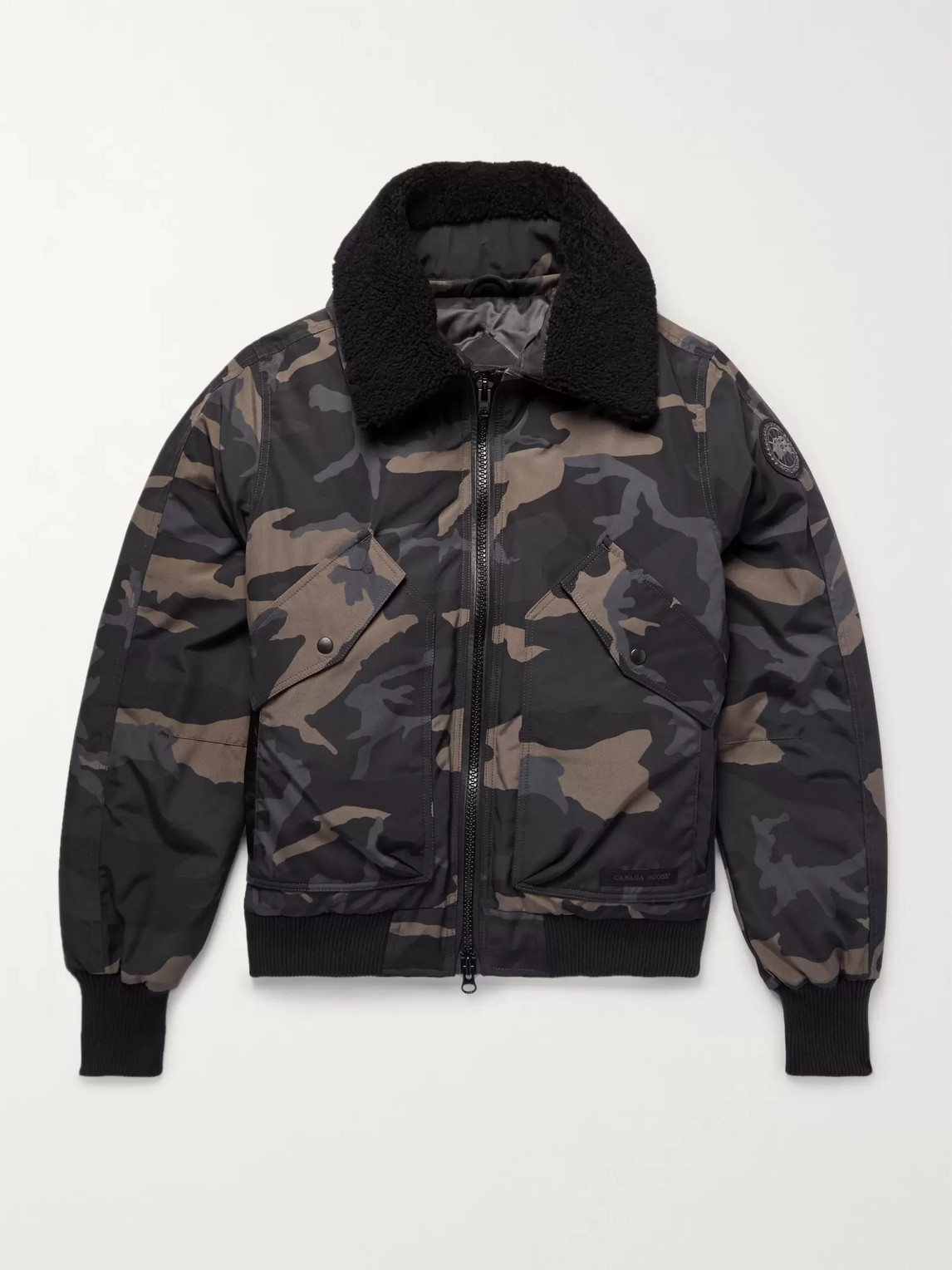 Canada Goose Bromley Shearling-trimmed Camouflage-print Canvas Down Bomber Jacket In Black