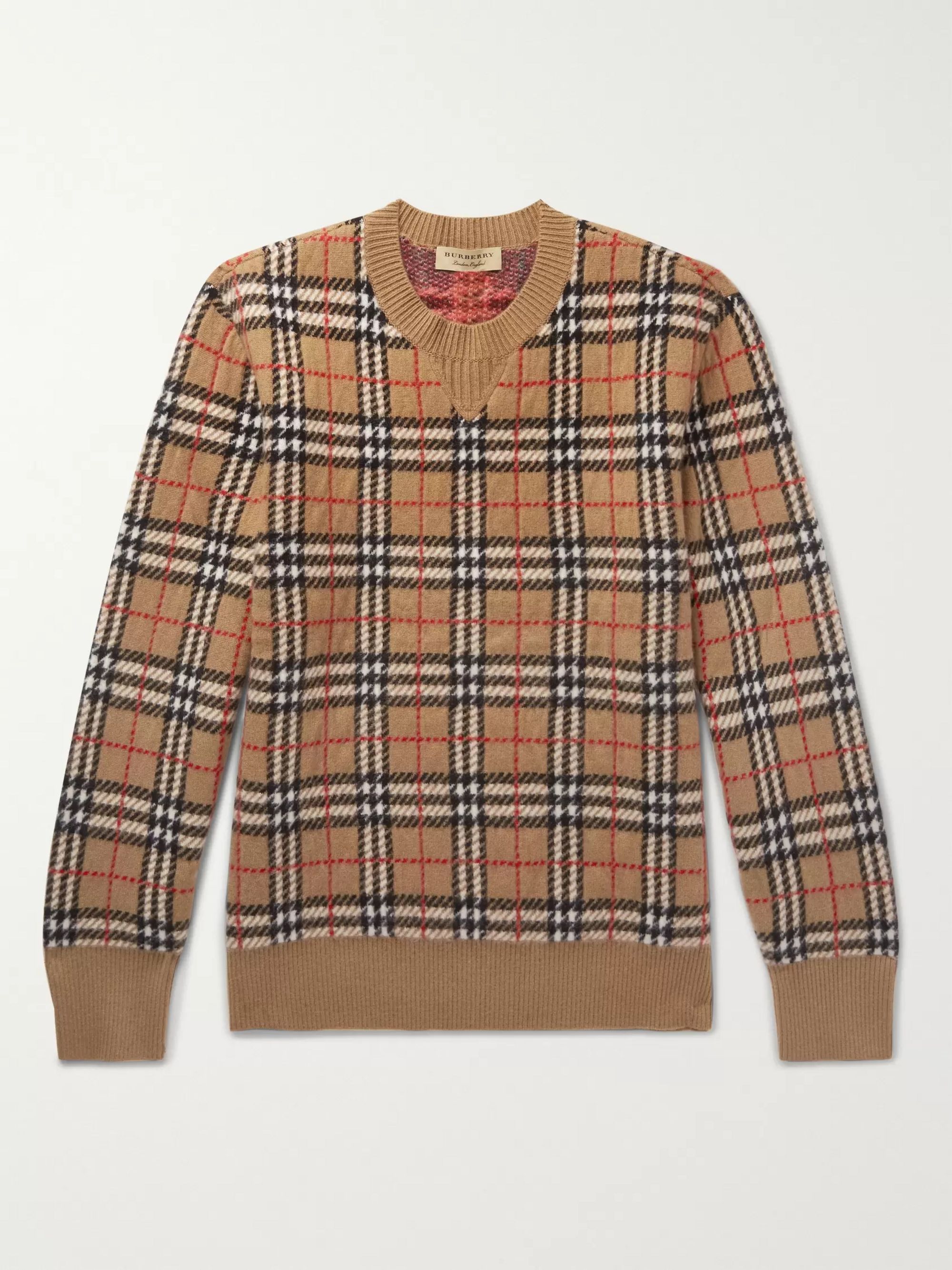 Camel Checked Brushed-Cashmere Sweater 