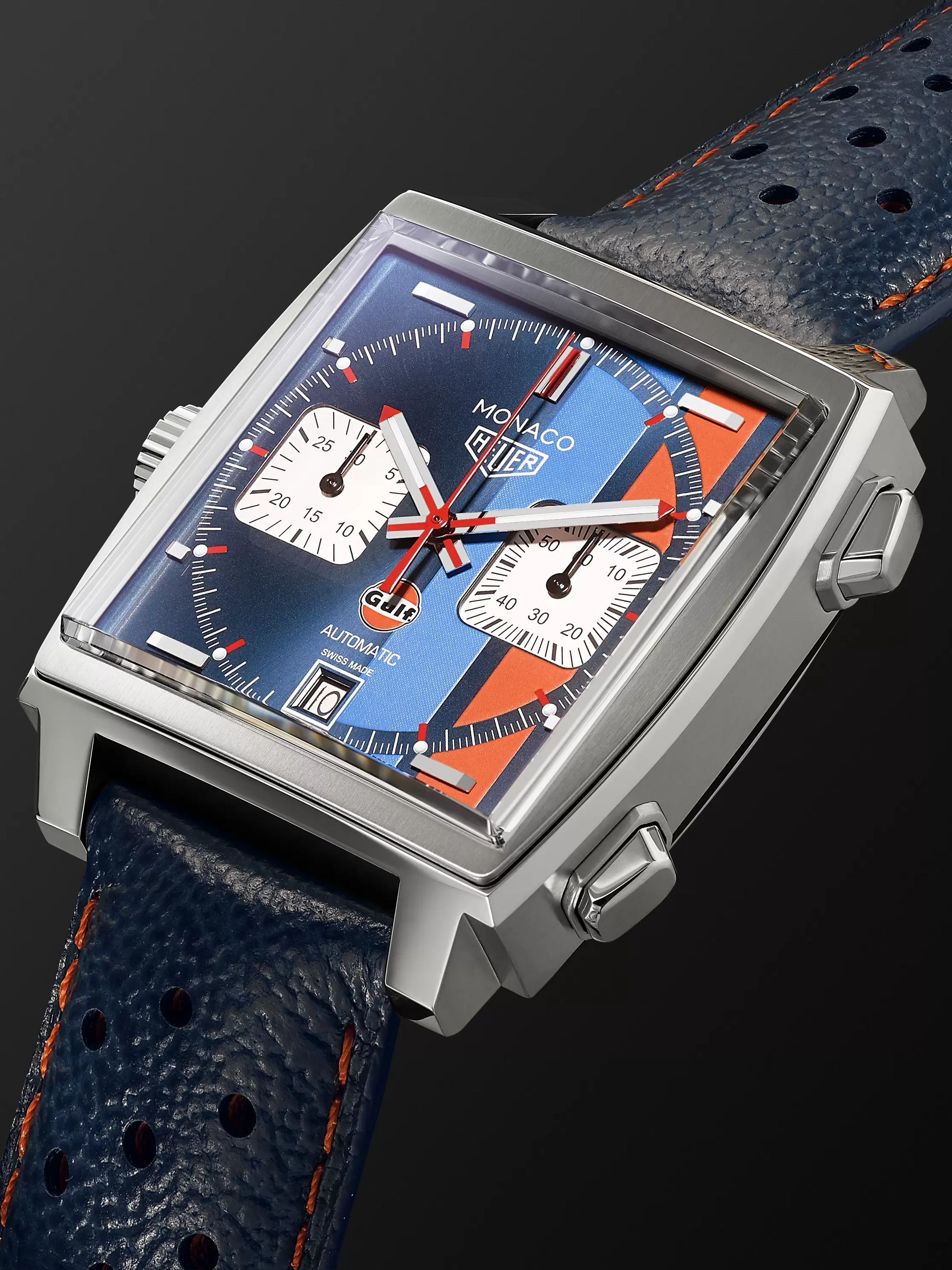 TAG Heuer Monaco Gulf Edition Automatic 39mm Steel and Leather Watch, Ref. No. CAW211R.FC6401