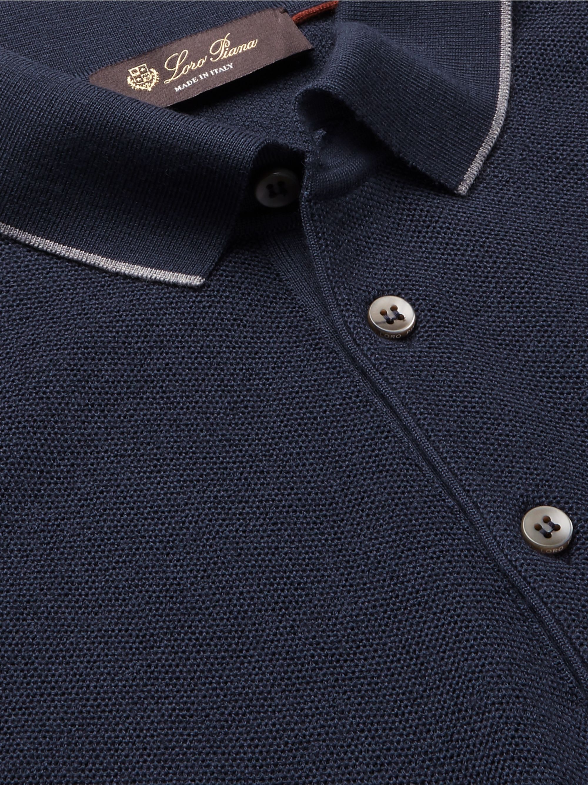 Navy Contrast-Tipped Wool and Cashmere-Blend Piqué Polo Shirt | LORO ...