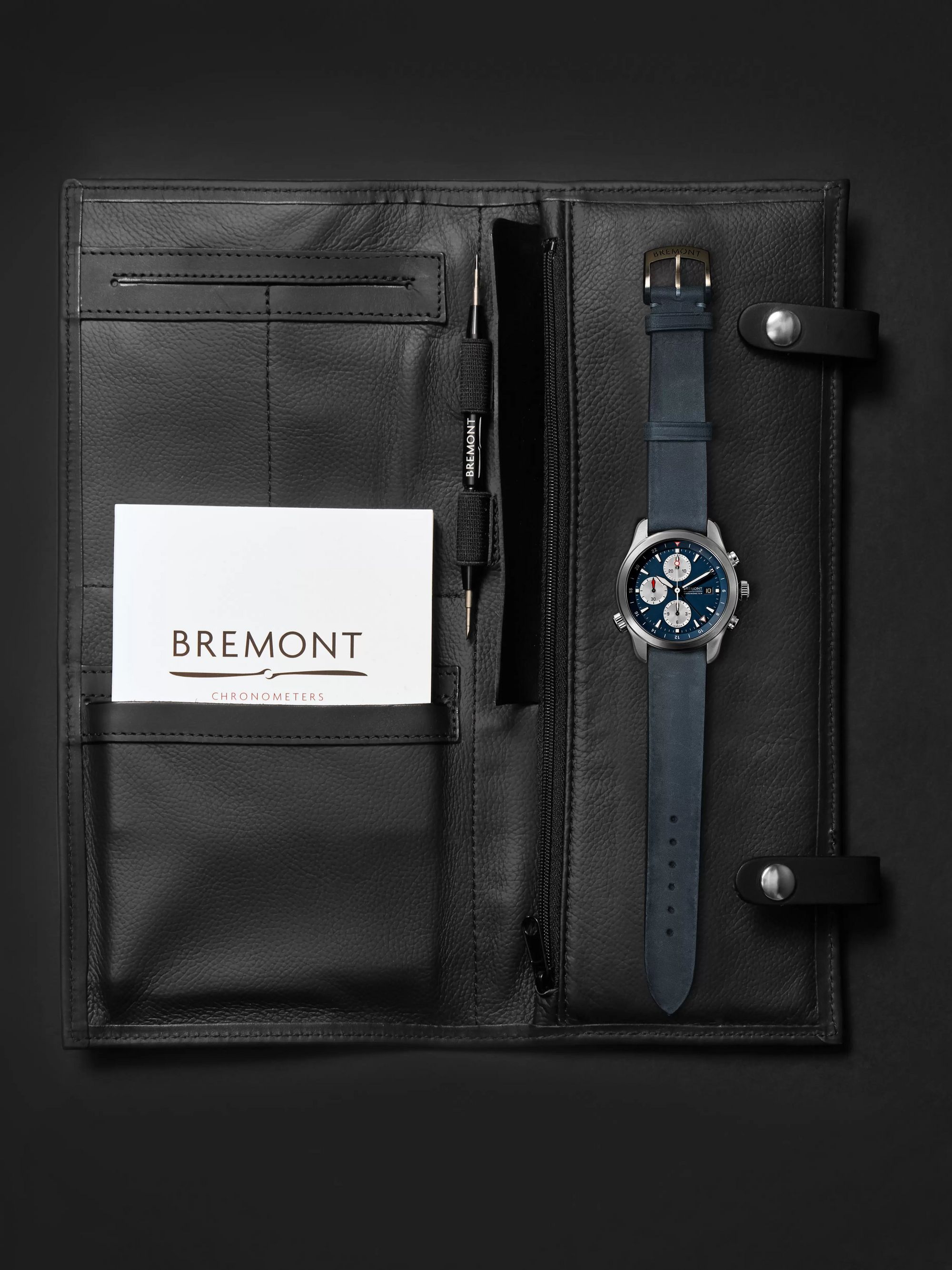 BREMONT Limited Edition Automatic GMT Chronograph 43mm Stainless Steel and Leather Watch, Ref. No. ALT1-ZT-BL-R-S