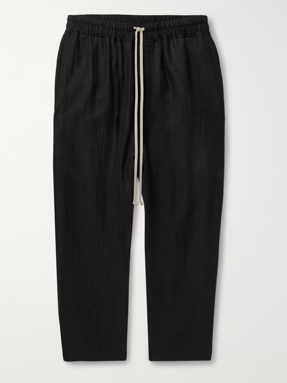 Rick Owens Black Cropped Wool-blend Seersucker Drawstring Trousers