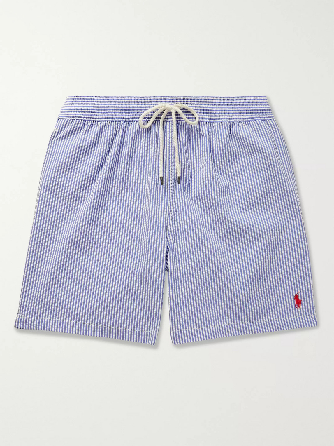 Polo Ralph Lauren Traveler Mid-length Striped Seersucker Swim Shorts In Blue