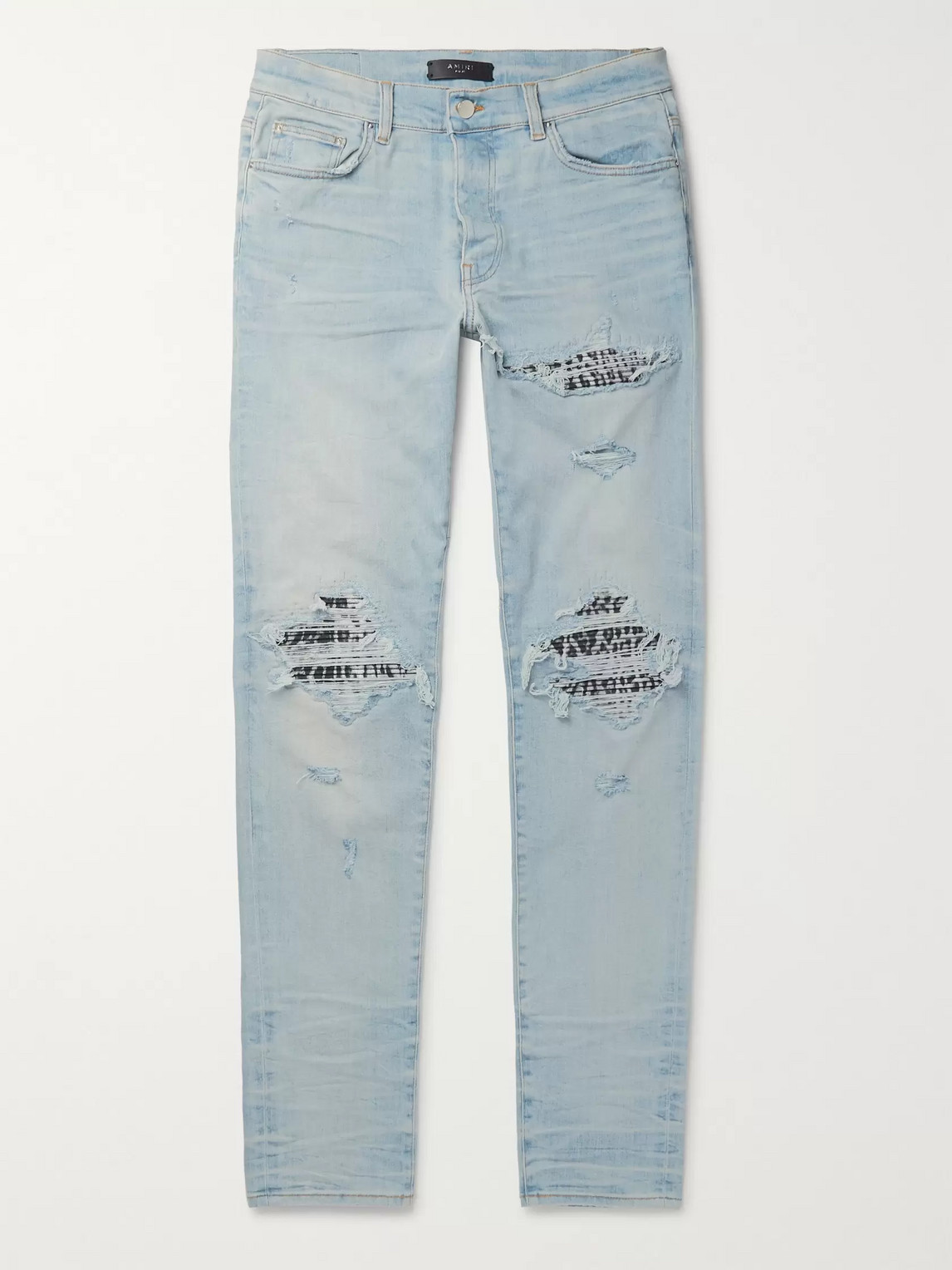 Amiri Mx1 Skinny-fit Suede-panelled Distressed Stretch-denim Jeans In Blue