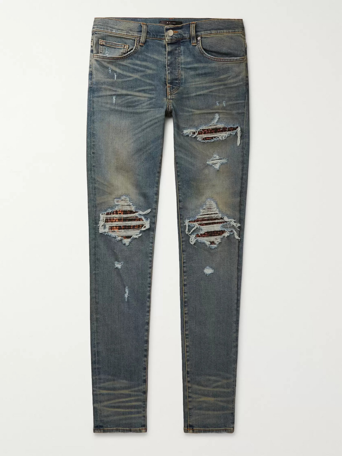 Amiri Mx1 Skinny-fit Panelled Distressed Stretch-denim Jeans In Blue