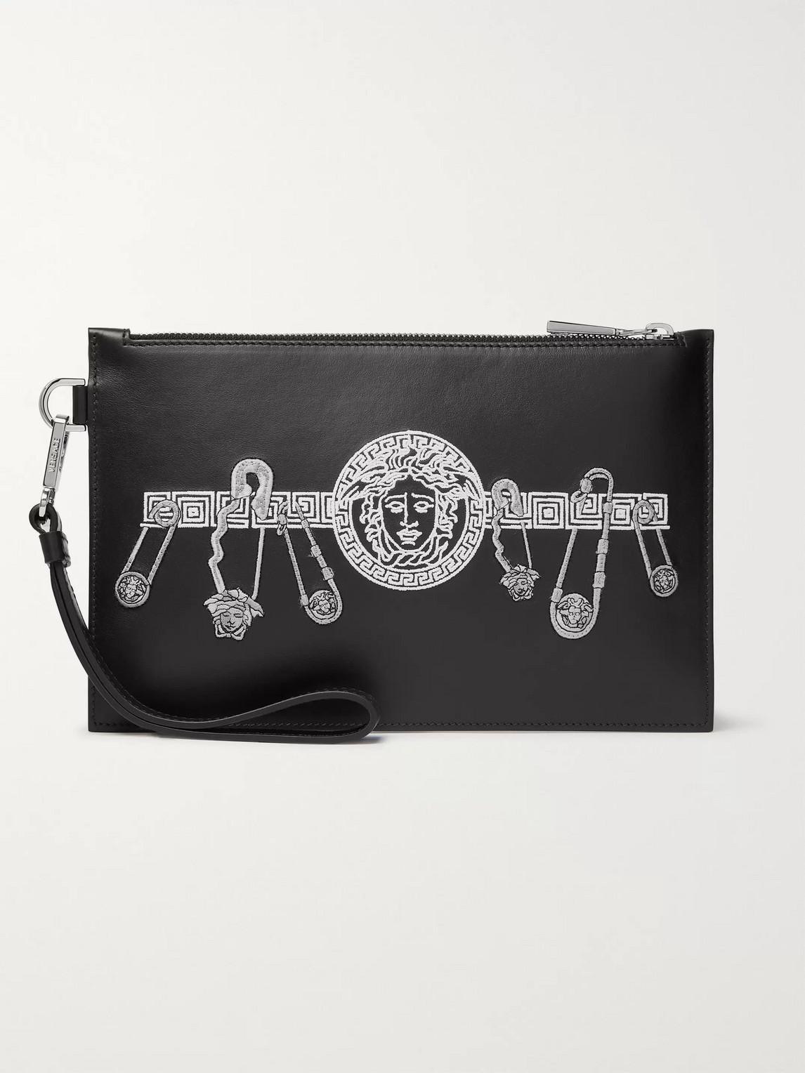 Versace Logo-embroidered Leather Pouch In Black