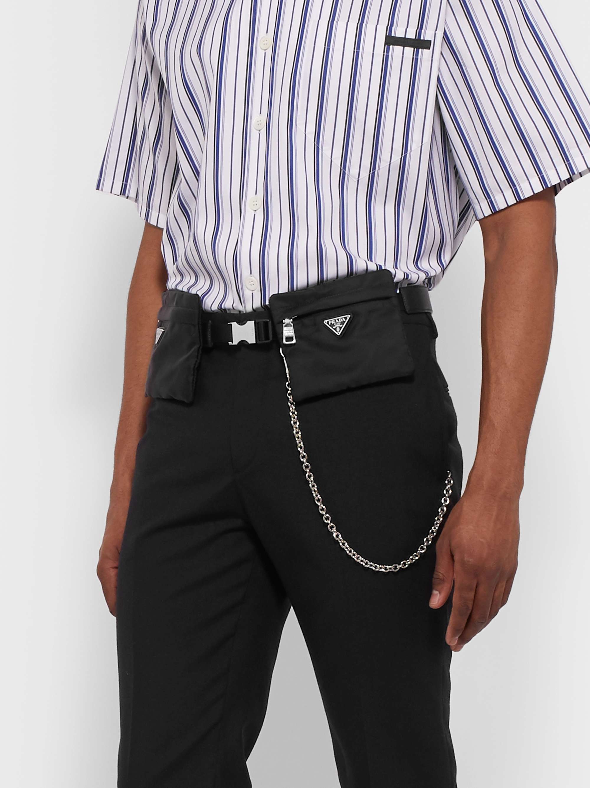 PRADA 3cm Saffiano Leather-Trimmed Webbing Belt with Detachable Pouches