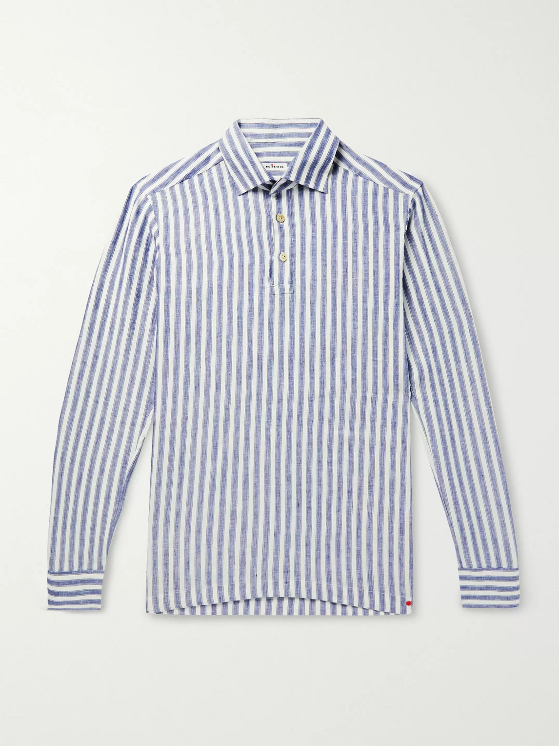 Kiton Striped Linen Half-placket Shirt In Blue