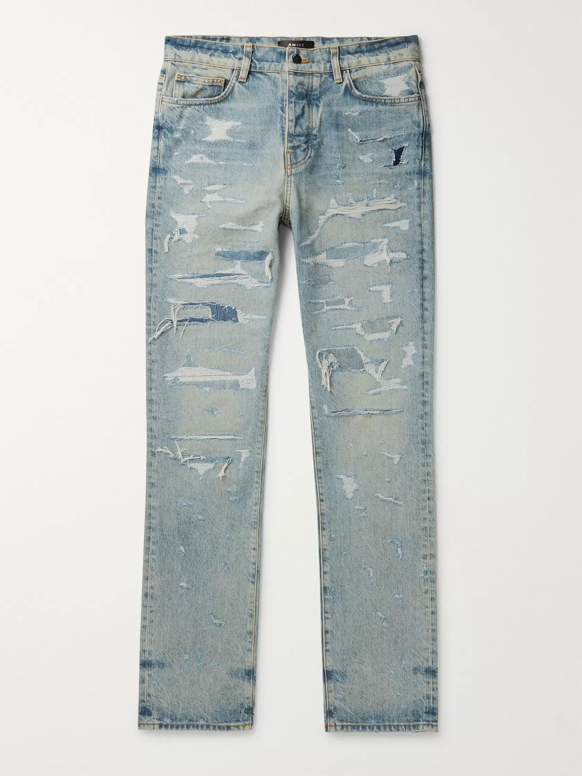 Amiri Slim-fit Distressed Embroidered Denim Jeans In Blue