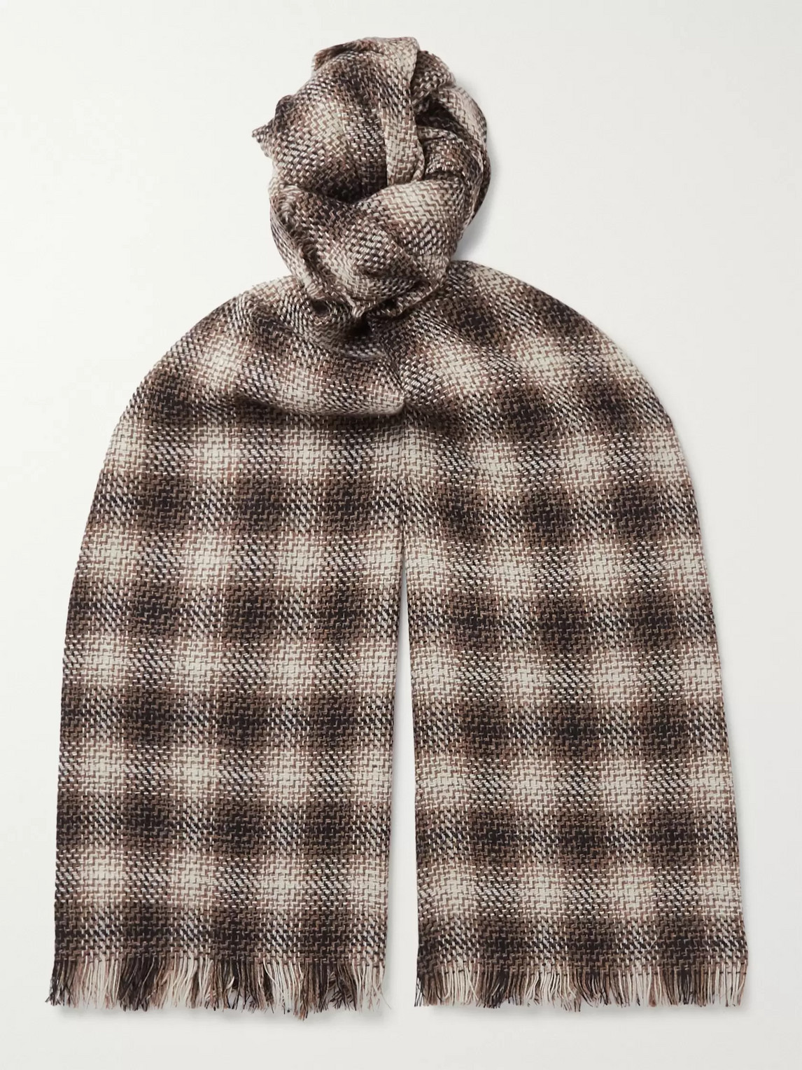 Mr P Fringed Checked Wool And Cashmere-blend Scarf In Neutrals