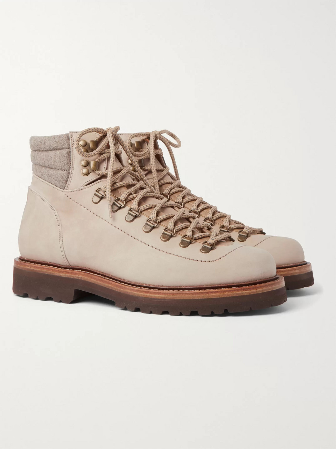 Brunello Cucinelli Mélange Wool- And Leather-trimmed Nubuck Boots In Neutrals