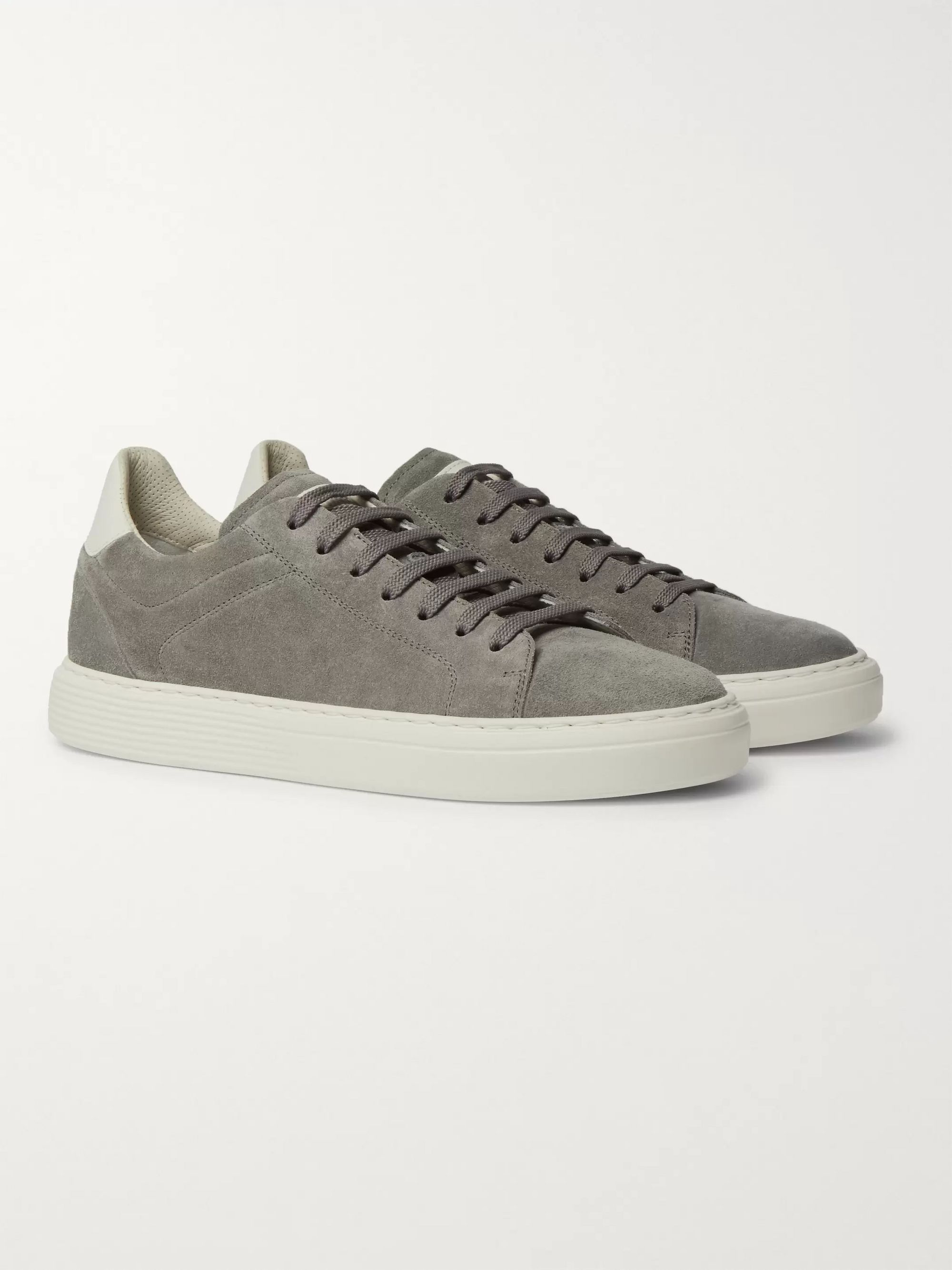 Gray Leather-Trimmed Suede Sneakers 