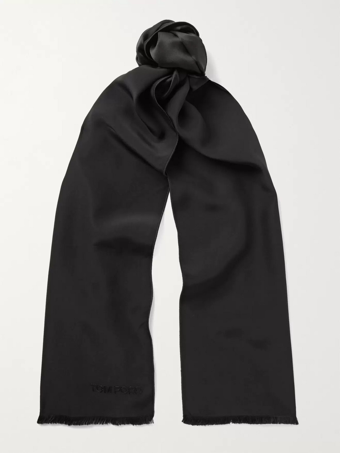 Tom Ford Fringed Logo-embroidered Silk Scarf In Black