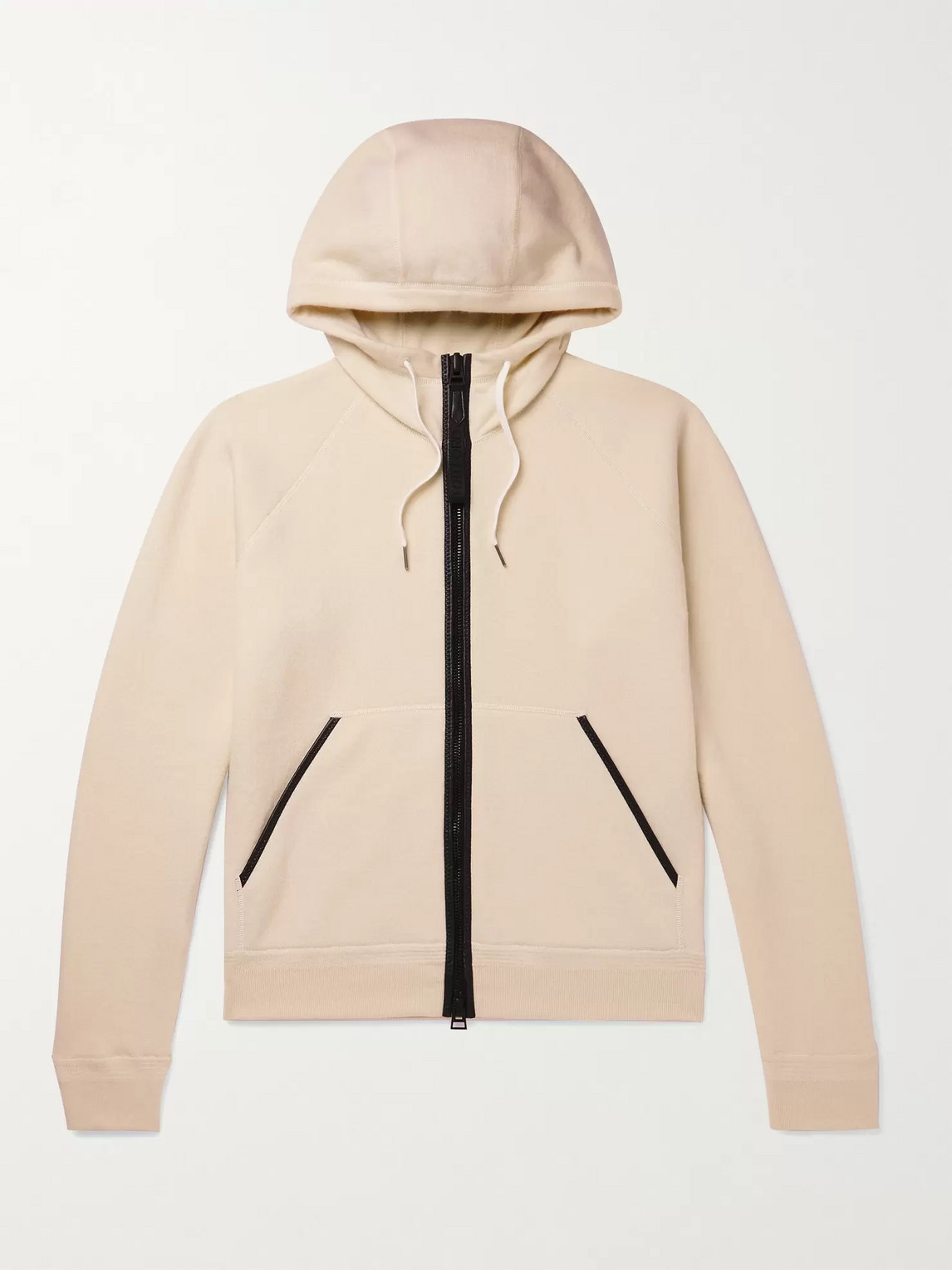 TOM FORD LEATHER-TRIMMED CASHMERE-BLEND ZIP-UP HOODIE