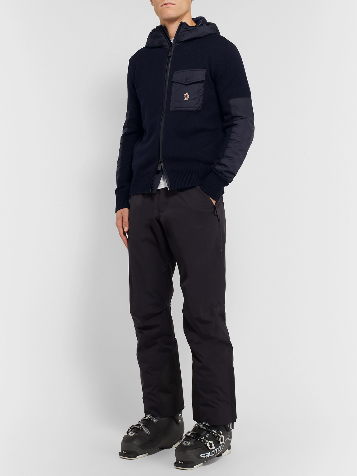 Moncler Shell-panelled Padded Wool-blend Hooded Zip-up Cardigan In Blue