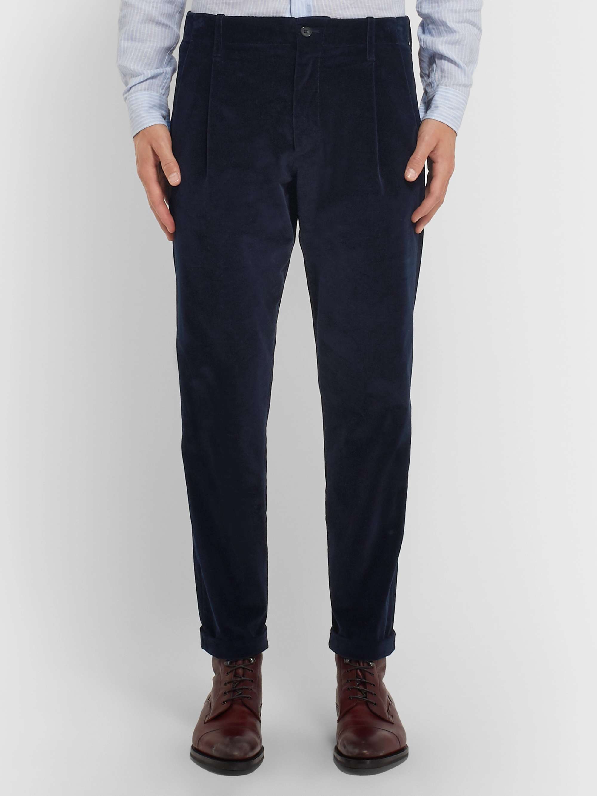 CONNOLLY + Goodwood Tapered Cropped Pleated Cotton-Corduroy Trousers