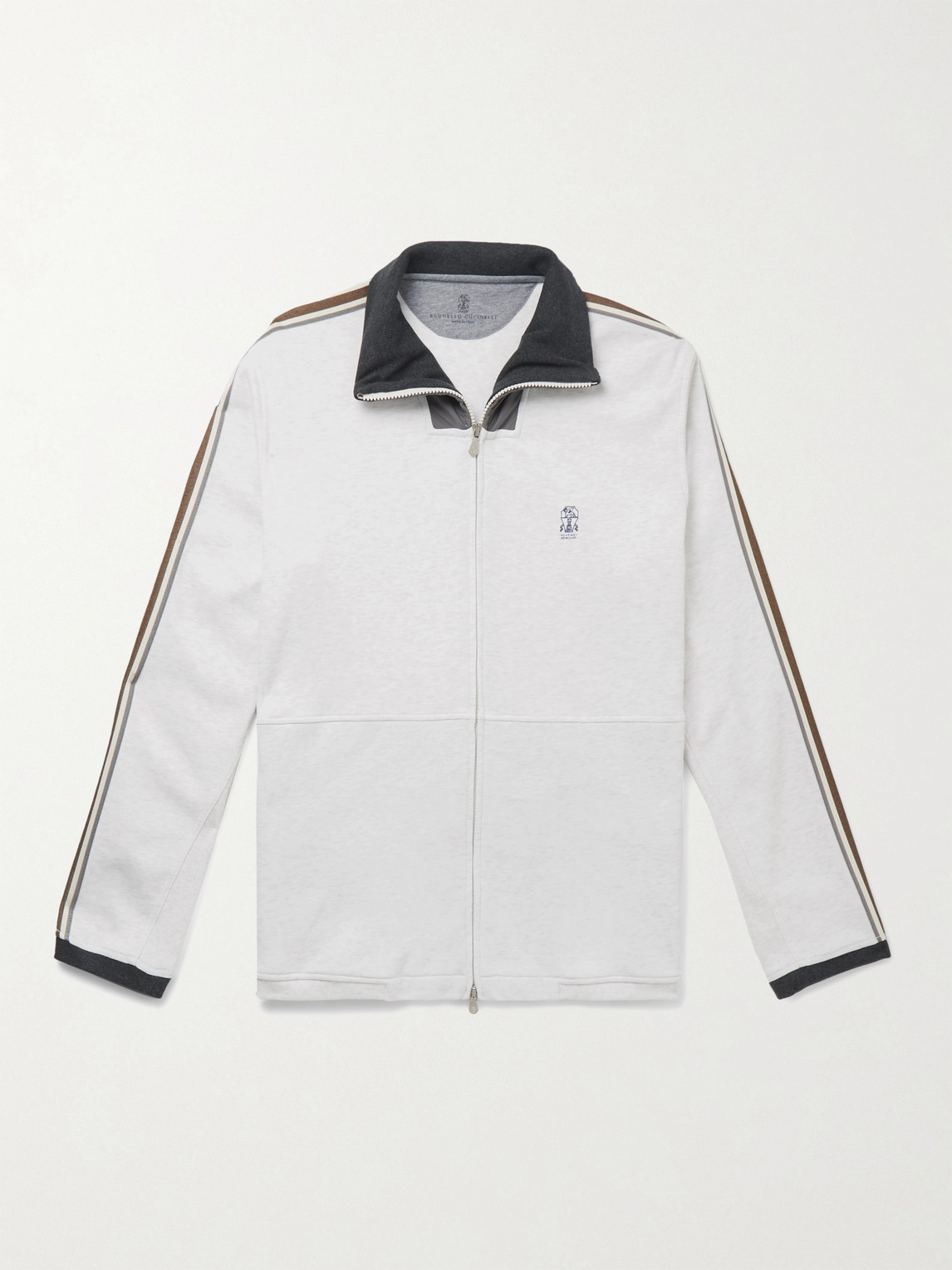 Brunello Cucinelli Webbing And Shell-trimmed Mélange Cotton-blend Jersey Track Jacket In White