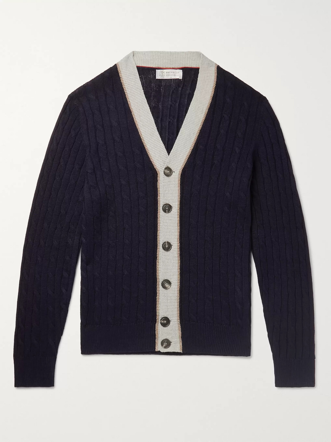 Brunello Cucinelli Striped Cable-knit Linen And Cotton-blend Cardigan In Blue