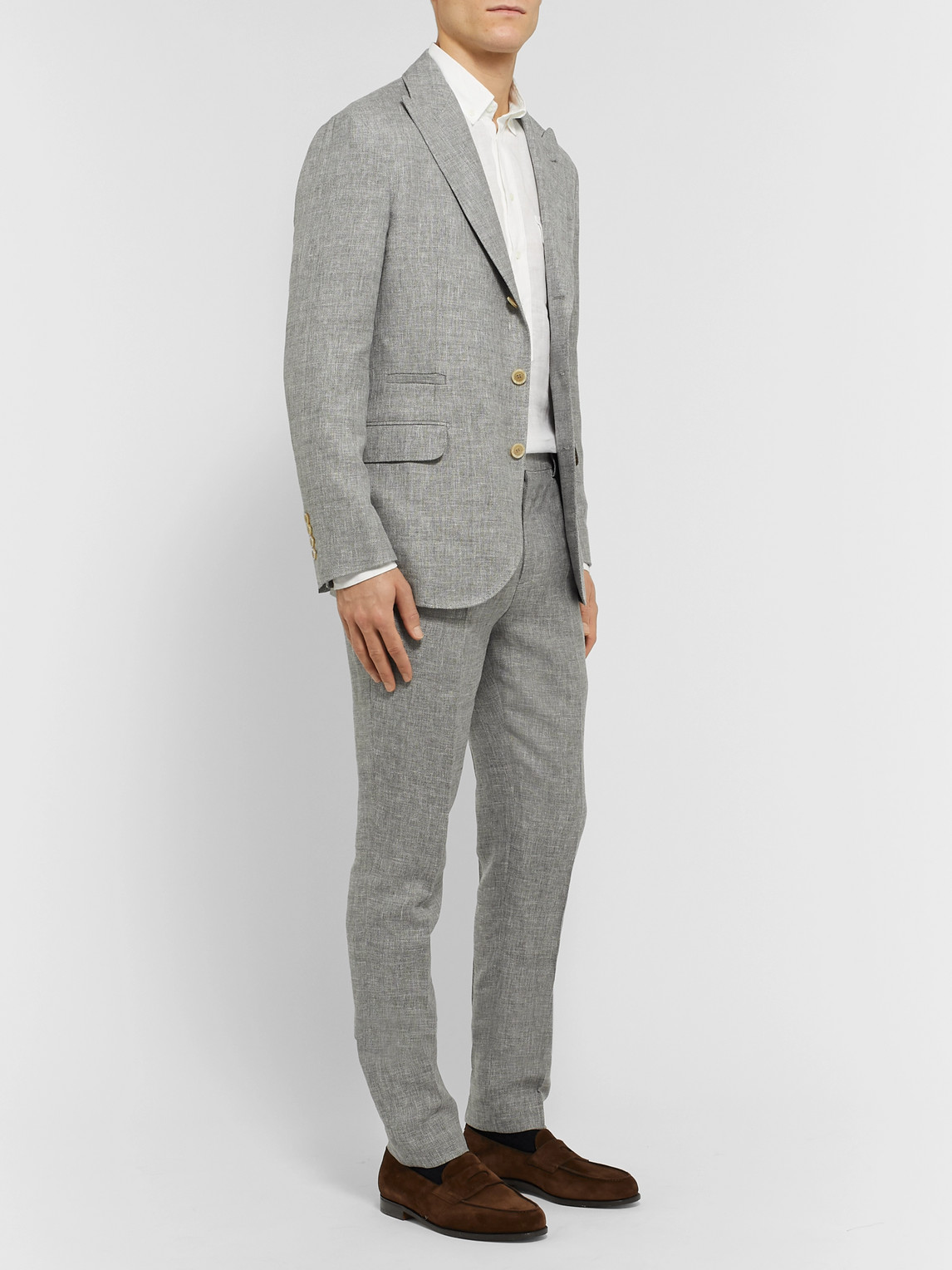 Brunello Cucinelli Grey Slim-fit Unstructured Mélange Linen, Wool And Silk-blend Suit Jacket In Gray