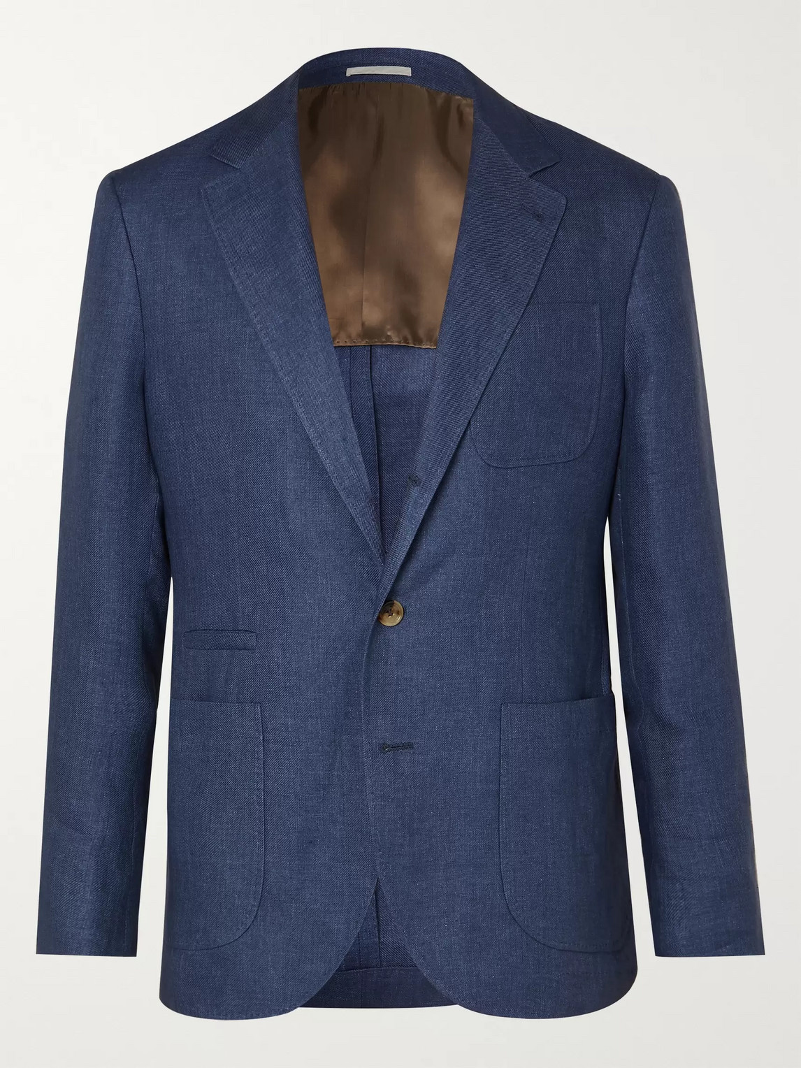 Brunello Cucinelli Unstructured Herringbone Linen Suit Jacket In Blue