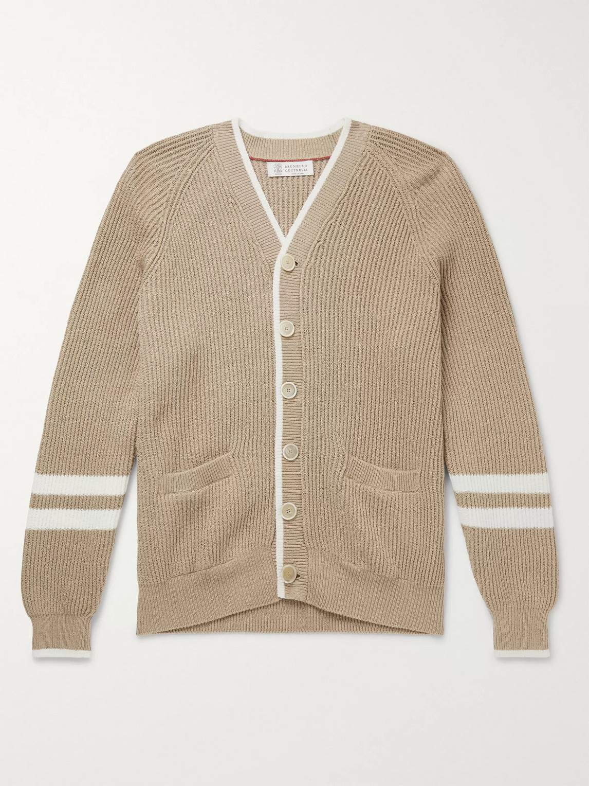 Brunello Cucinelli Contrast-tipped Striped Ribbed Cotton Cardigan In Neutrals