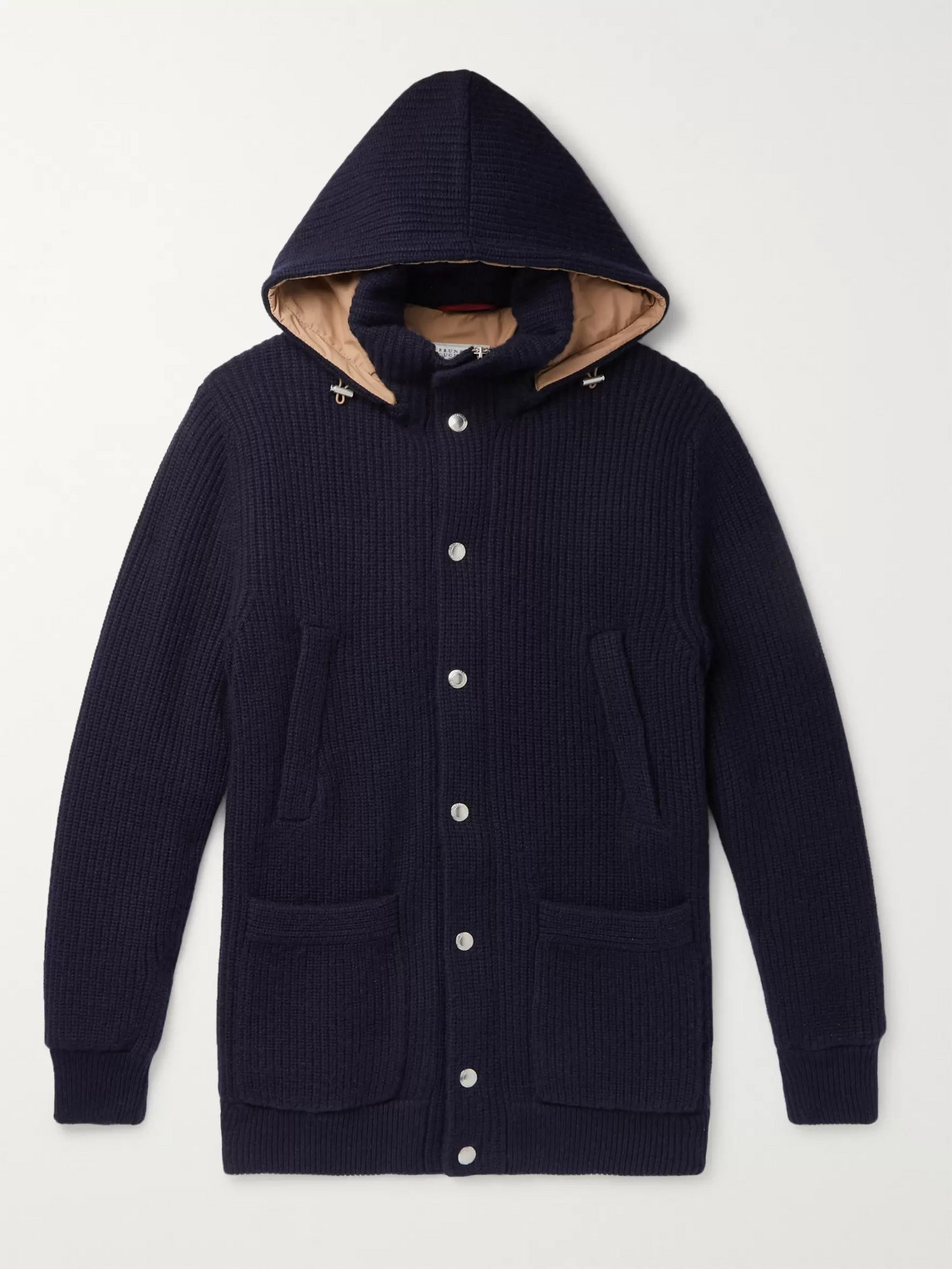 Brunello Cucinelli Padded Ribbed Cashmere Hooded Cardigan In Blue