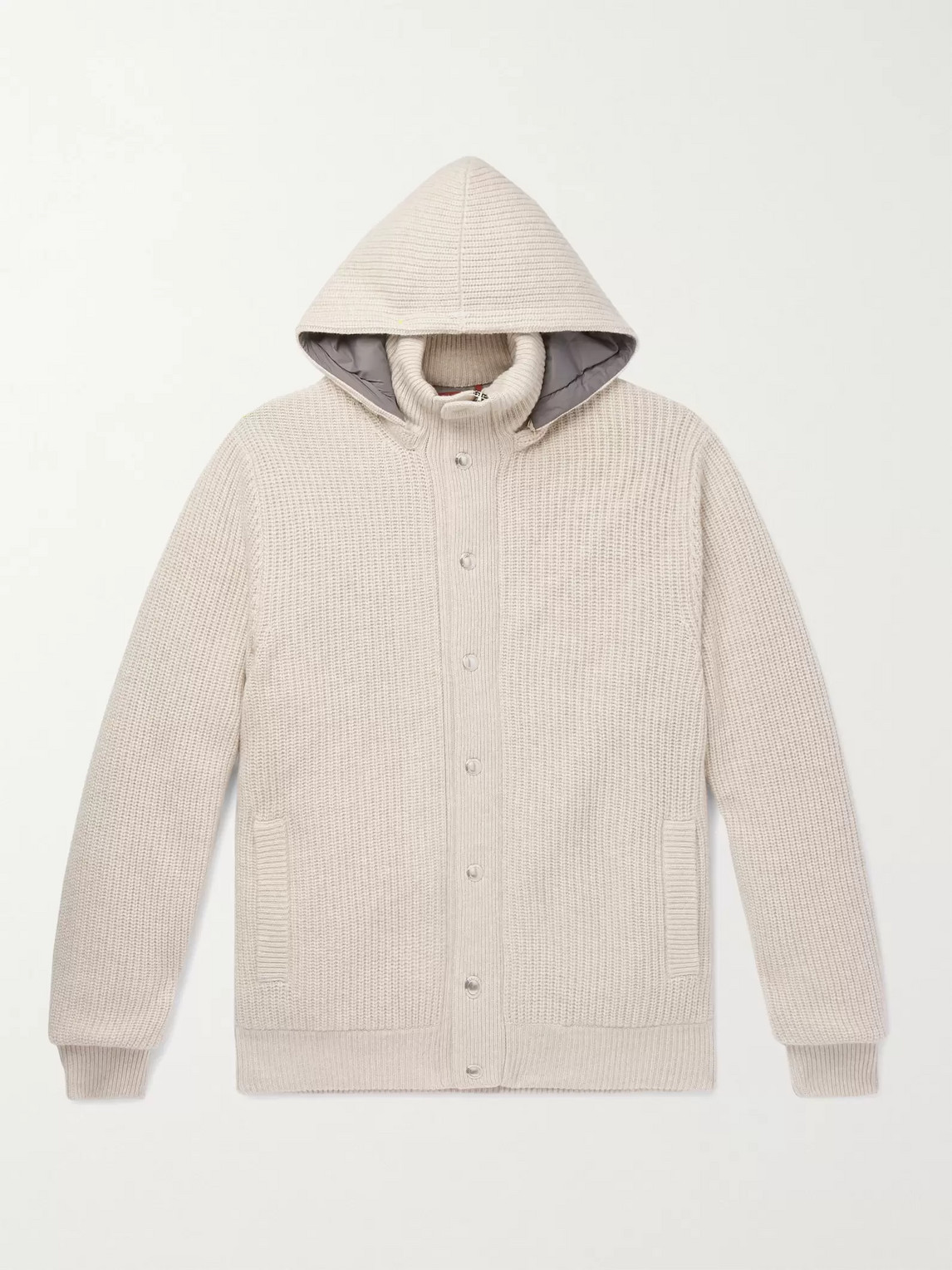 Brunello Cucinelli Ribbed Cashmere And Shell Hooded Down Cardigan In Neutrals