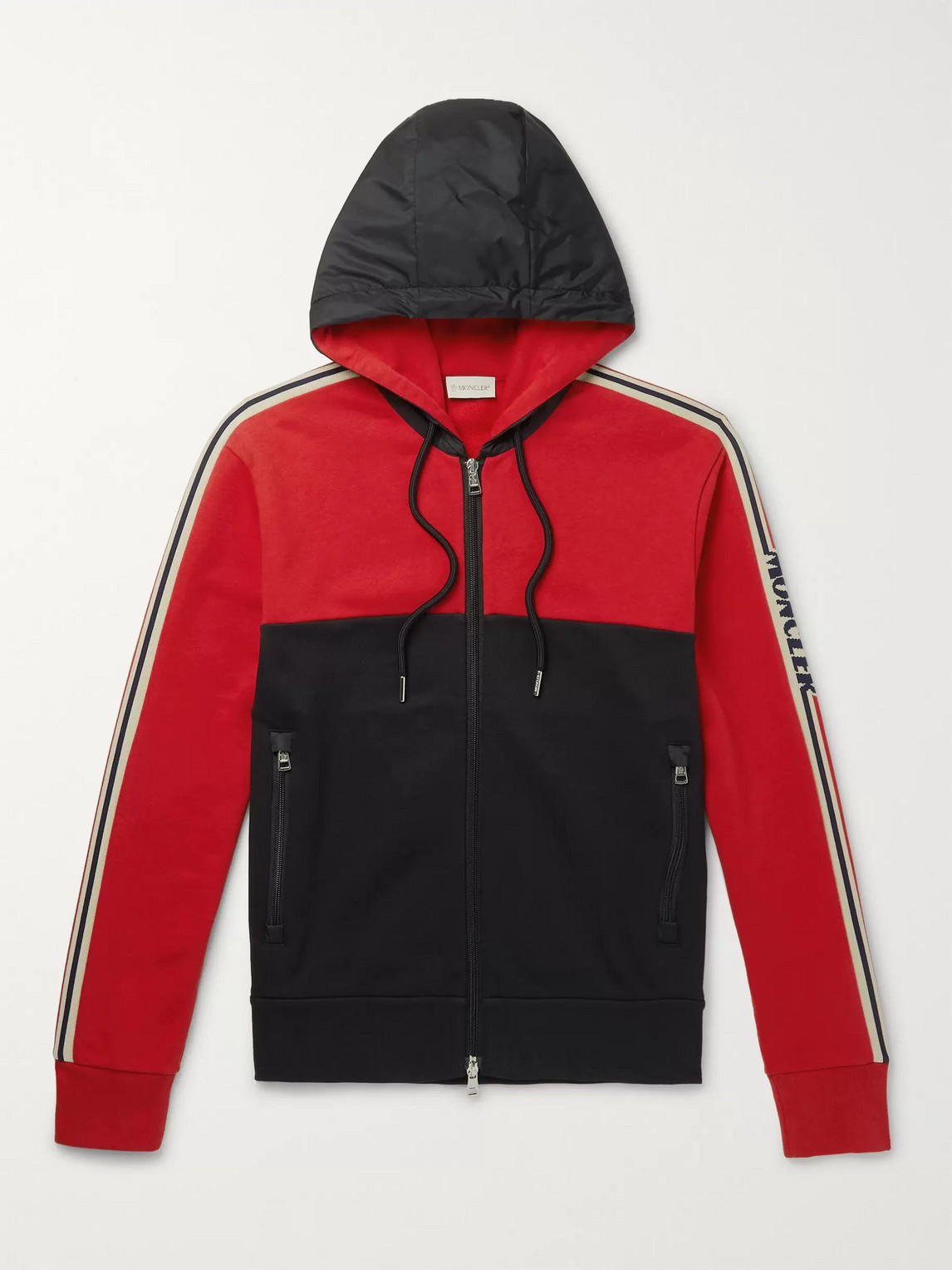 MONCLER GROSGRAIN-TRIMMED LOOPBACK COTTON-JERSEY AND SHELL ZIP-UP HOODIE