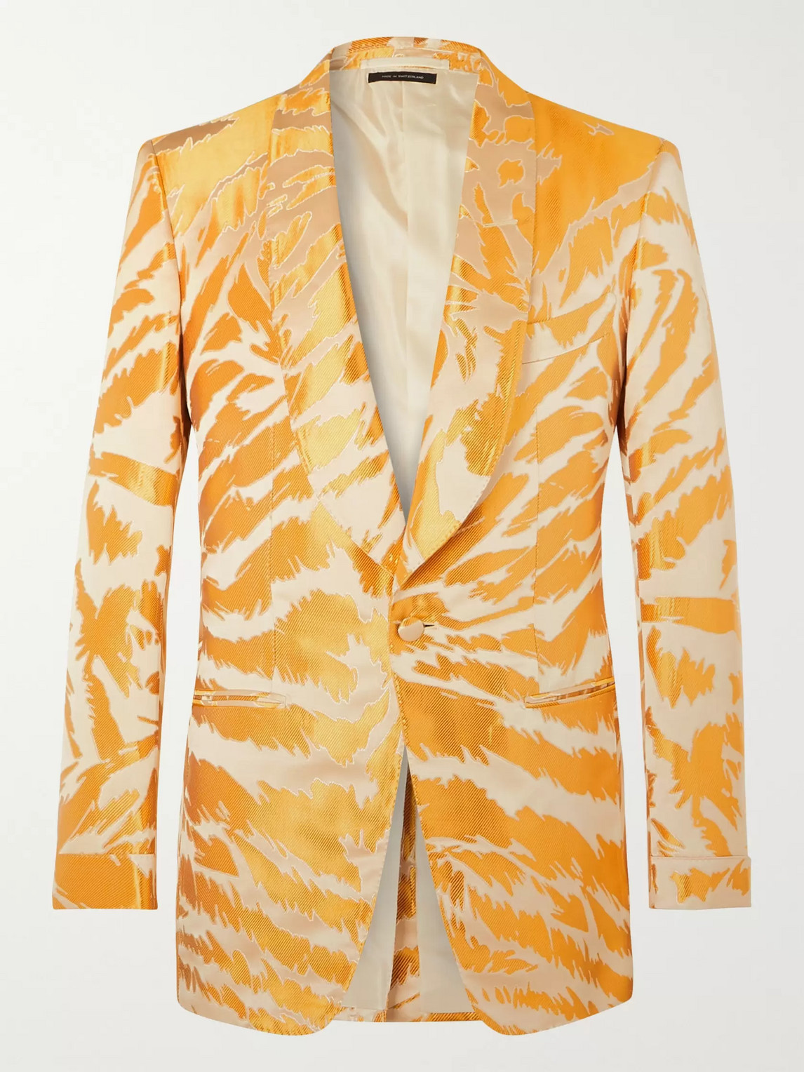 Tom Ford Slim-fit Shawl-collar Zebra-jacquard Satin And Faille Tuxedo Jacket In Yellow