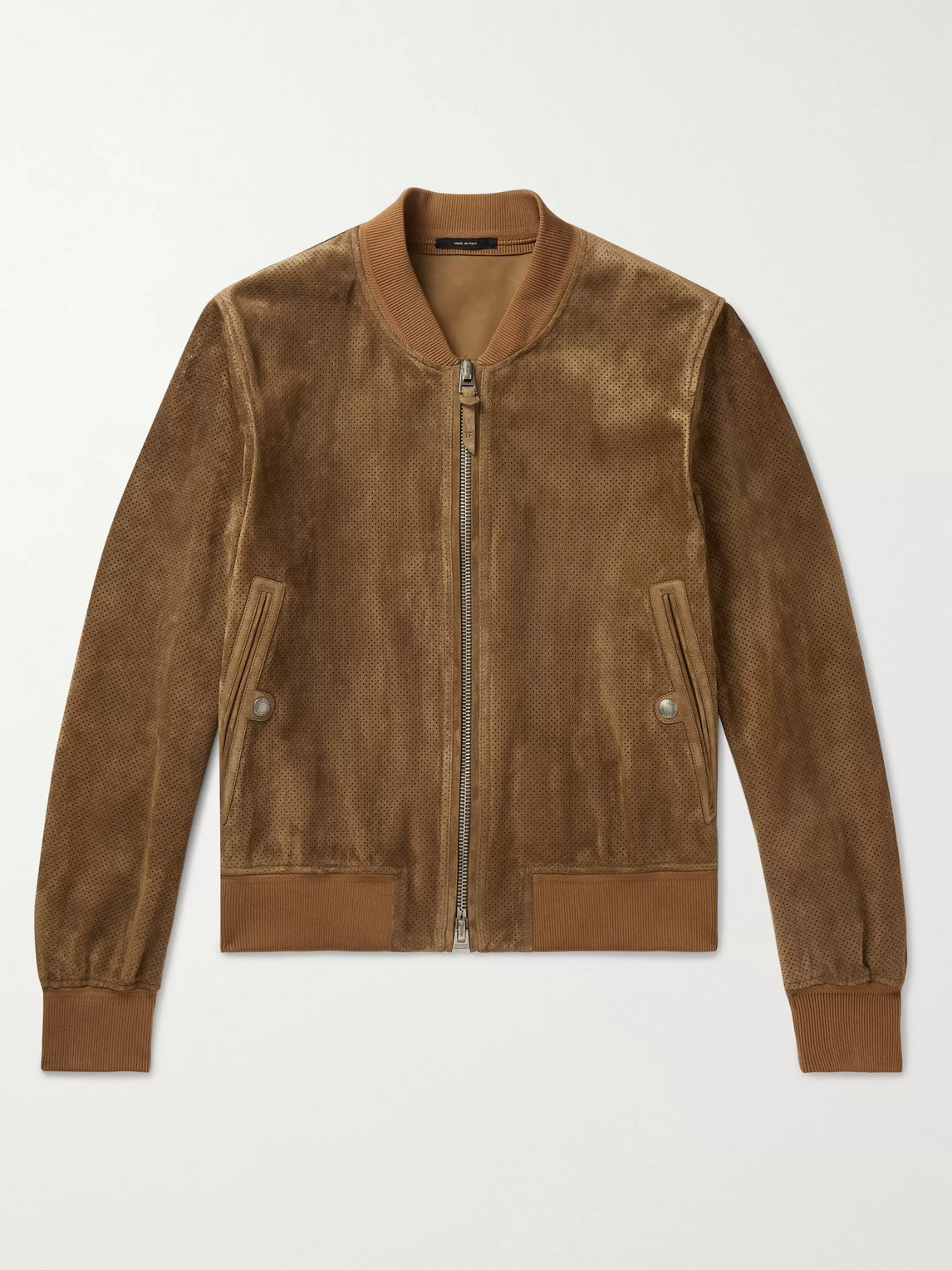 Tom Ford Perforated Suede Bomber Jacket In Brown