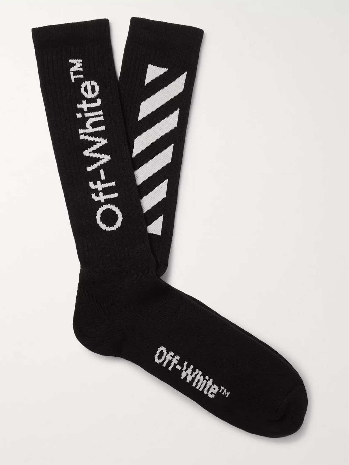 Off-white Ribbed Logo-intarsia Stretch Cotton-blend Socks In Black