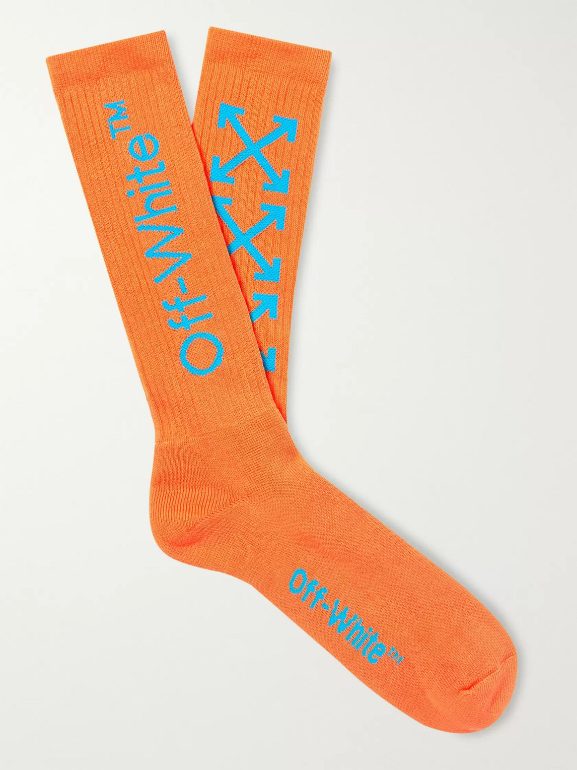 Off-white Logo-intarsia Ribbed Cotton-blend Socks In Orange