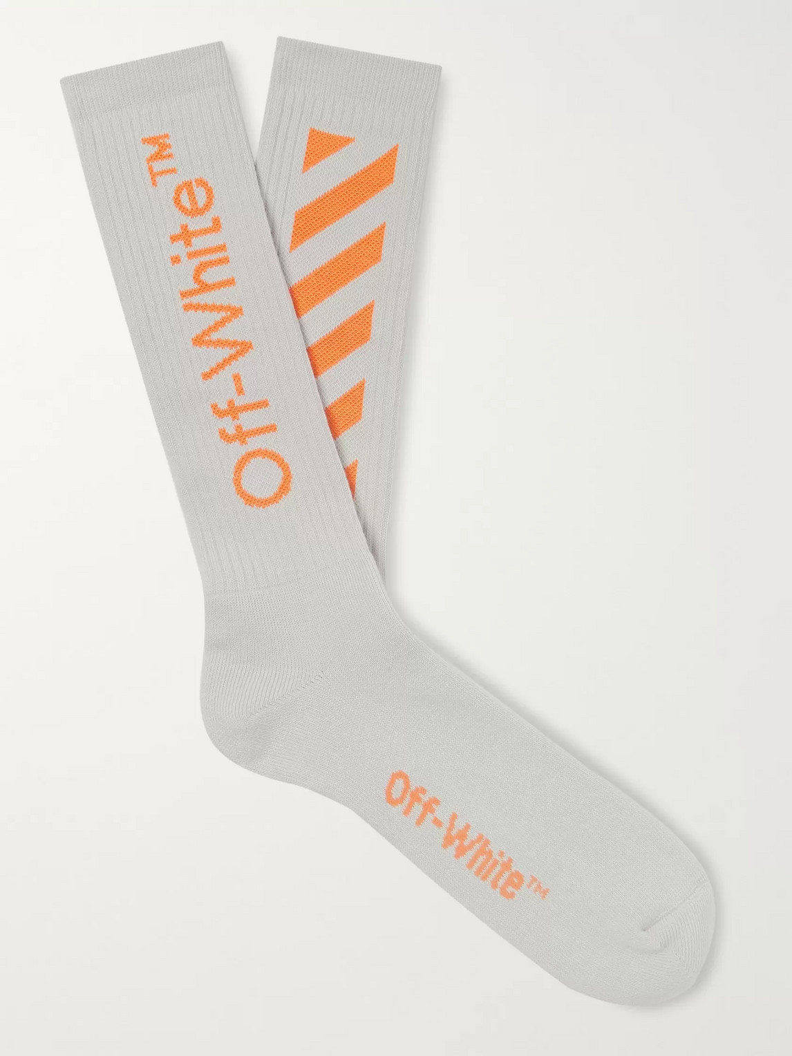 Off-white Logo-intarsia Ribbed Cotton-blend Socks In Gray