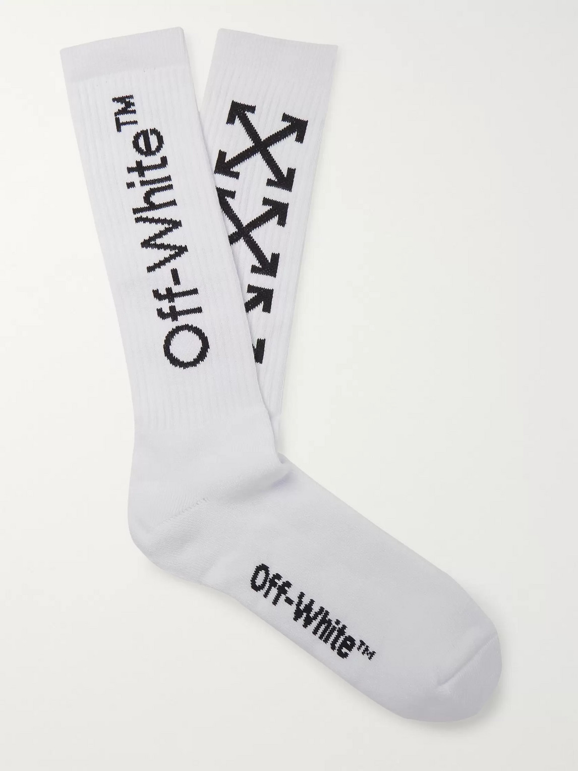 Off-white Ribbed Logo-intarsia Stretch Cotton-blend Socks In White