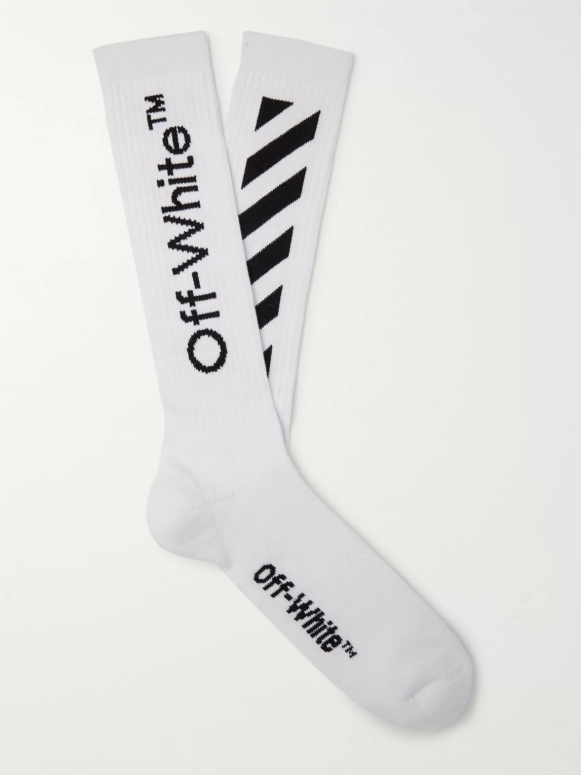 Off-white Ribbed Logo-intarsia Stretch Cotton-blend Socks In White
