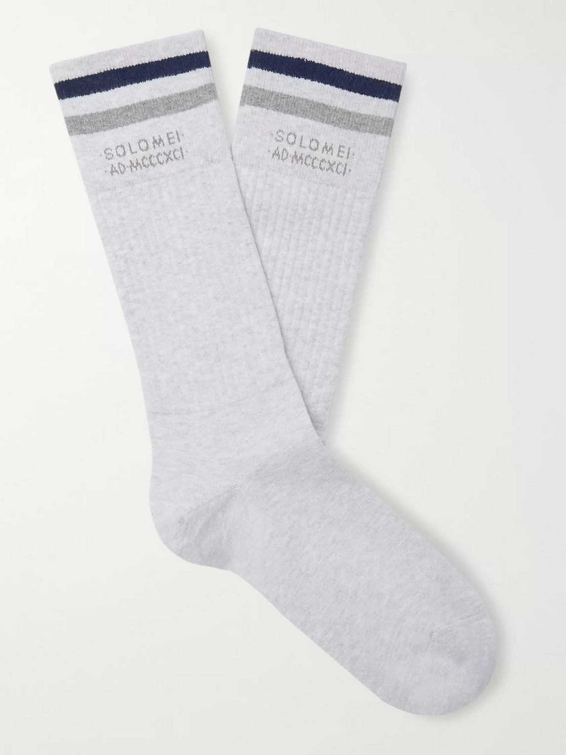 Brunello Cucinelli Logo-intarsia Striped Ribbed Mélange Cotton Socks In Gray
