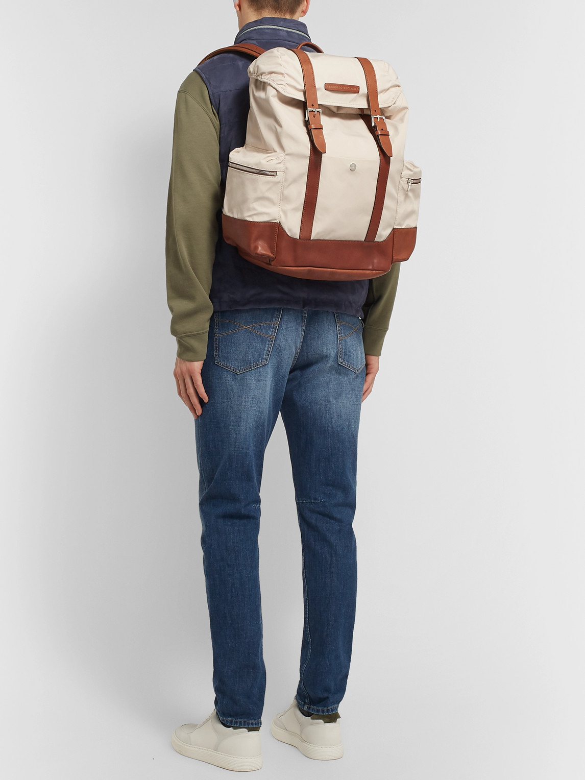 Brunello Cucinelli Leather-trimmed Canvas Backpack In Neutrals