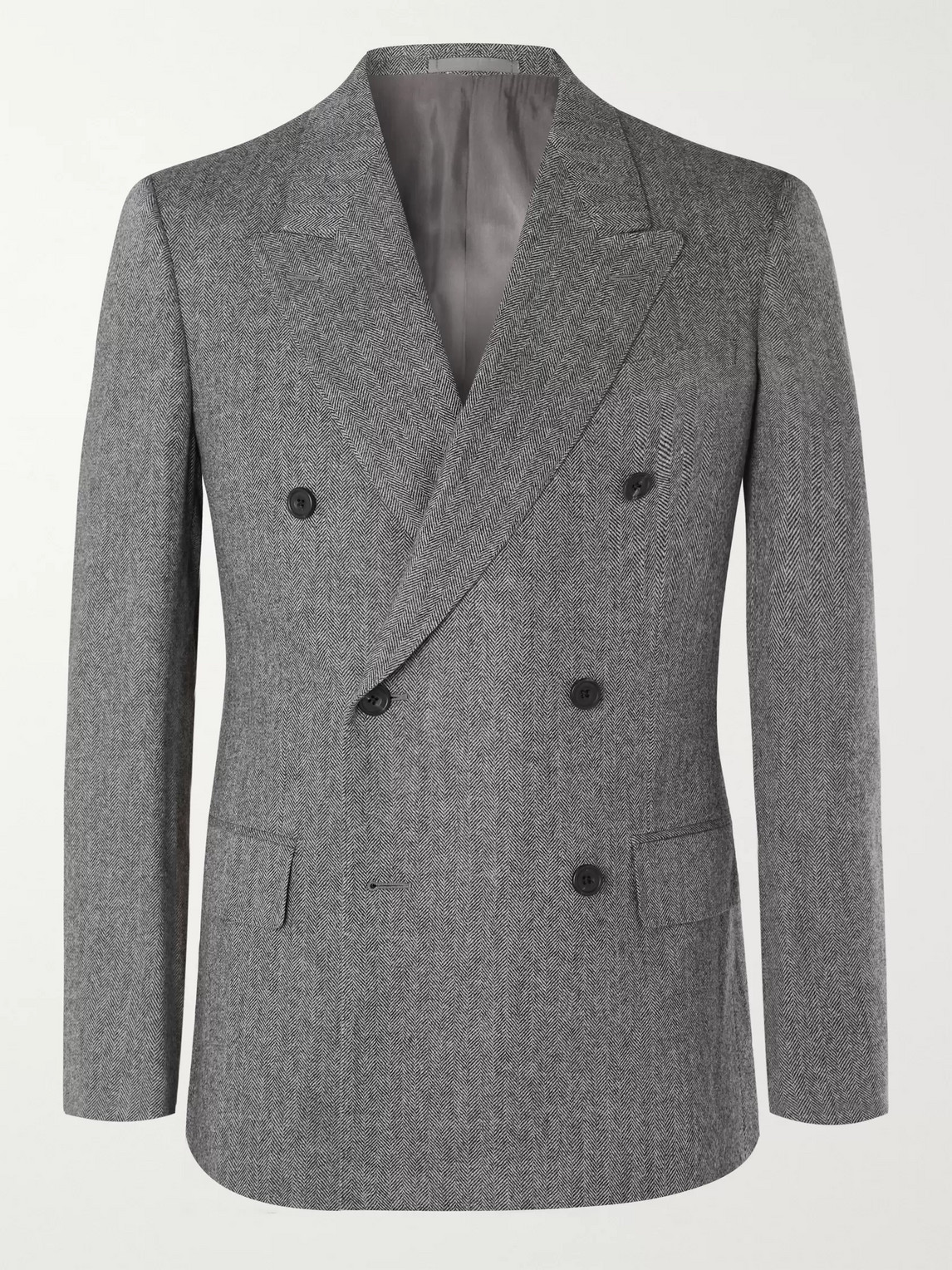 Kingsman Grey Slim-fit Double-breasted Herringbone Wool And Cashmere-blend Suit Jacket In Gray