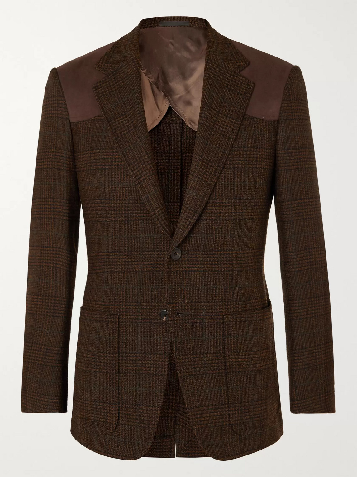 Kingsman Brown Slim-fit Suede-trimmed Prince Of Wales Wool Blazer