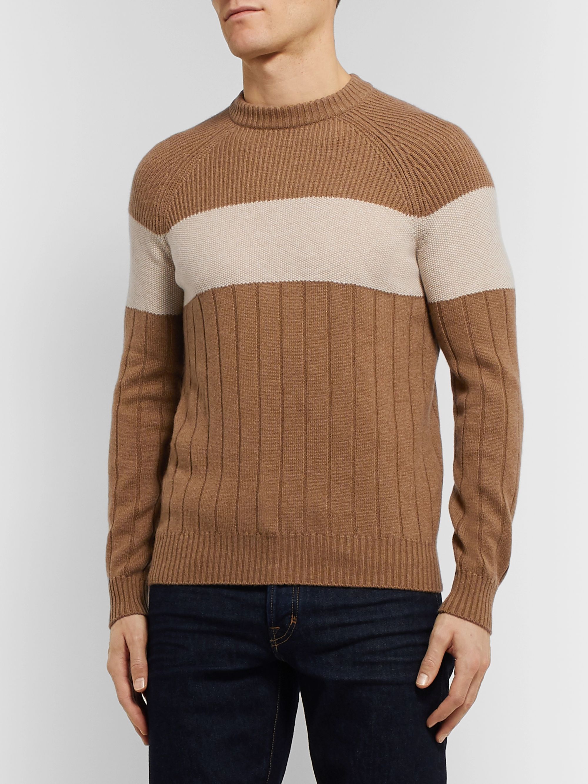 Camel Slim-Fit Striped Ribbed Cashmere Sweater | LORO PIANA | MR PORTER