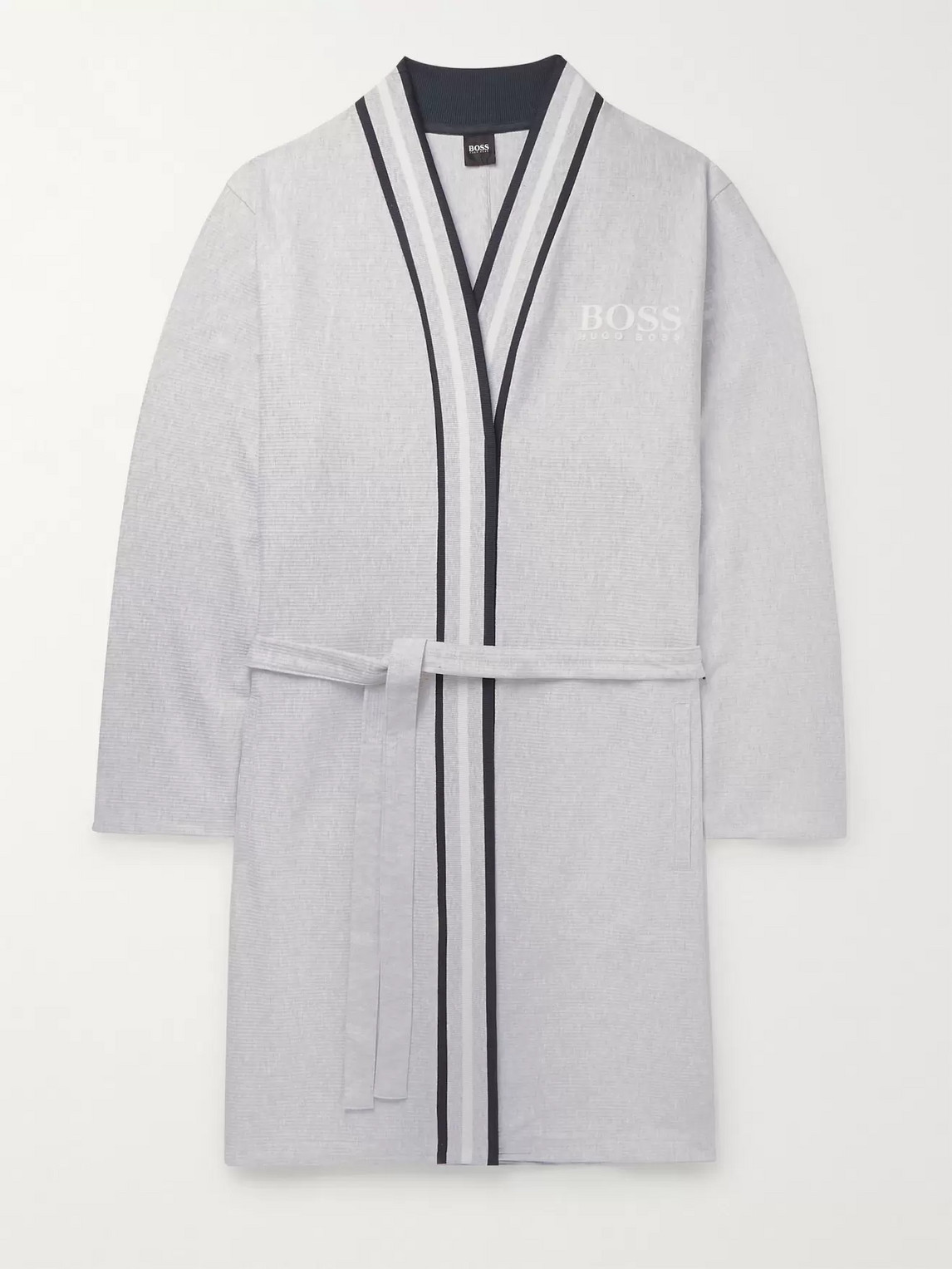 Hugo Boss Striped-trimmed Ribbed Mélange Cotton Robe In Grey