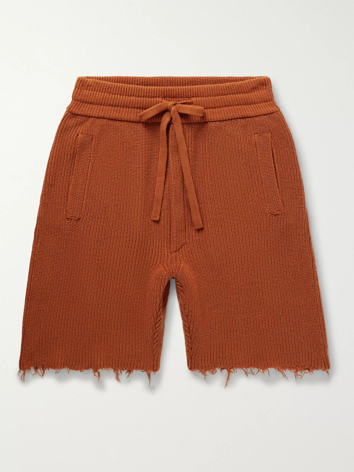 Alanui Distressed Ribbed Cashmere And Cotton-blend Shorts In Orange