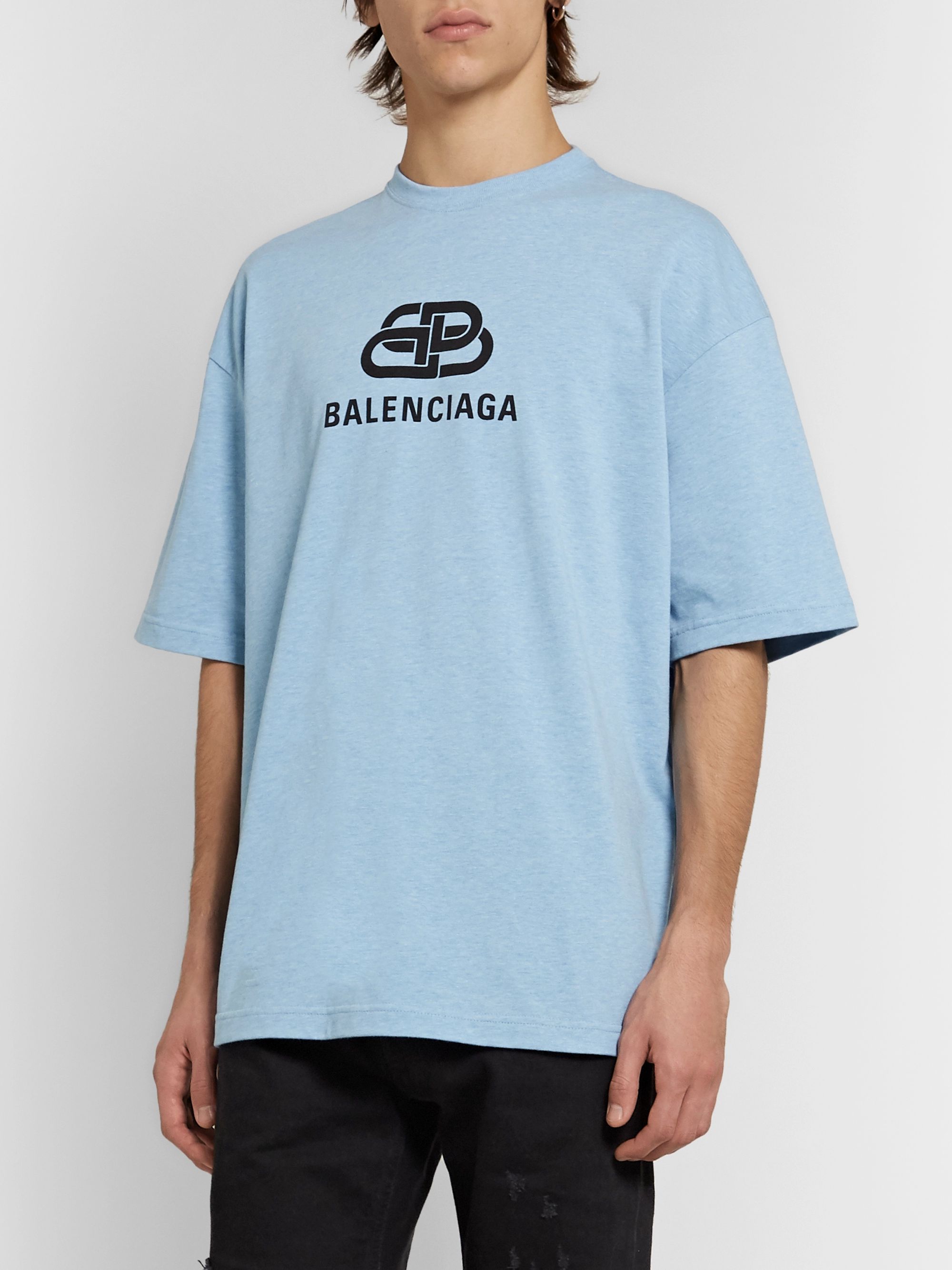 Blue Oversized Logo-Print Mélange Cotton-Jersey T-Shirt | Balenciaga | MR  PORTER