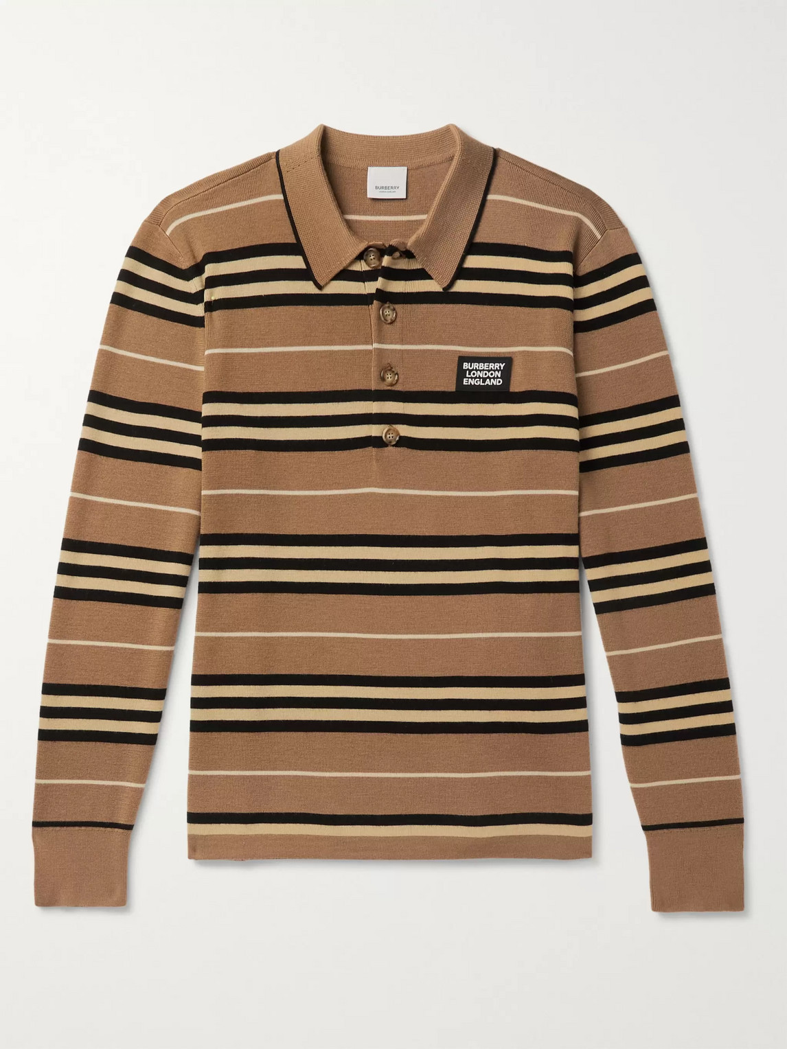 Shop Burberry Striped Merino Wool Polo Shirt In Brown