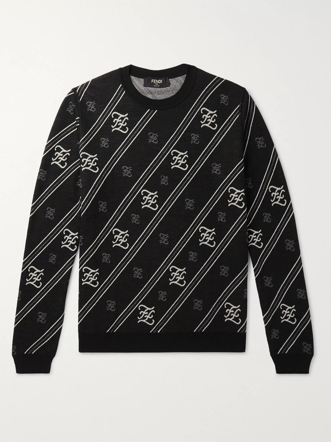 Fendi Slim-fit Logo-jacquard Wool Sweater In Black