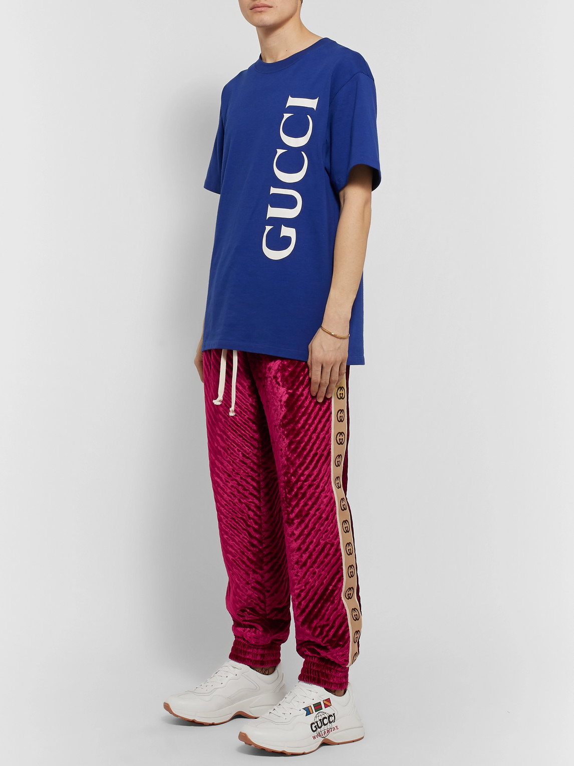 Gucci Logo-jacquard Webbing-trimmed Quilted Padded Velvet Sweatpants In Pink