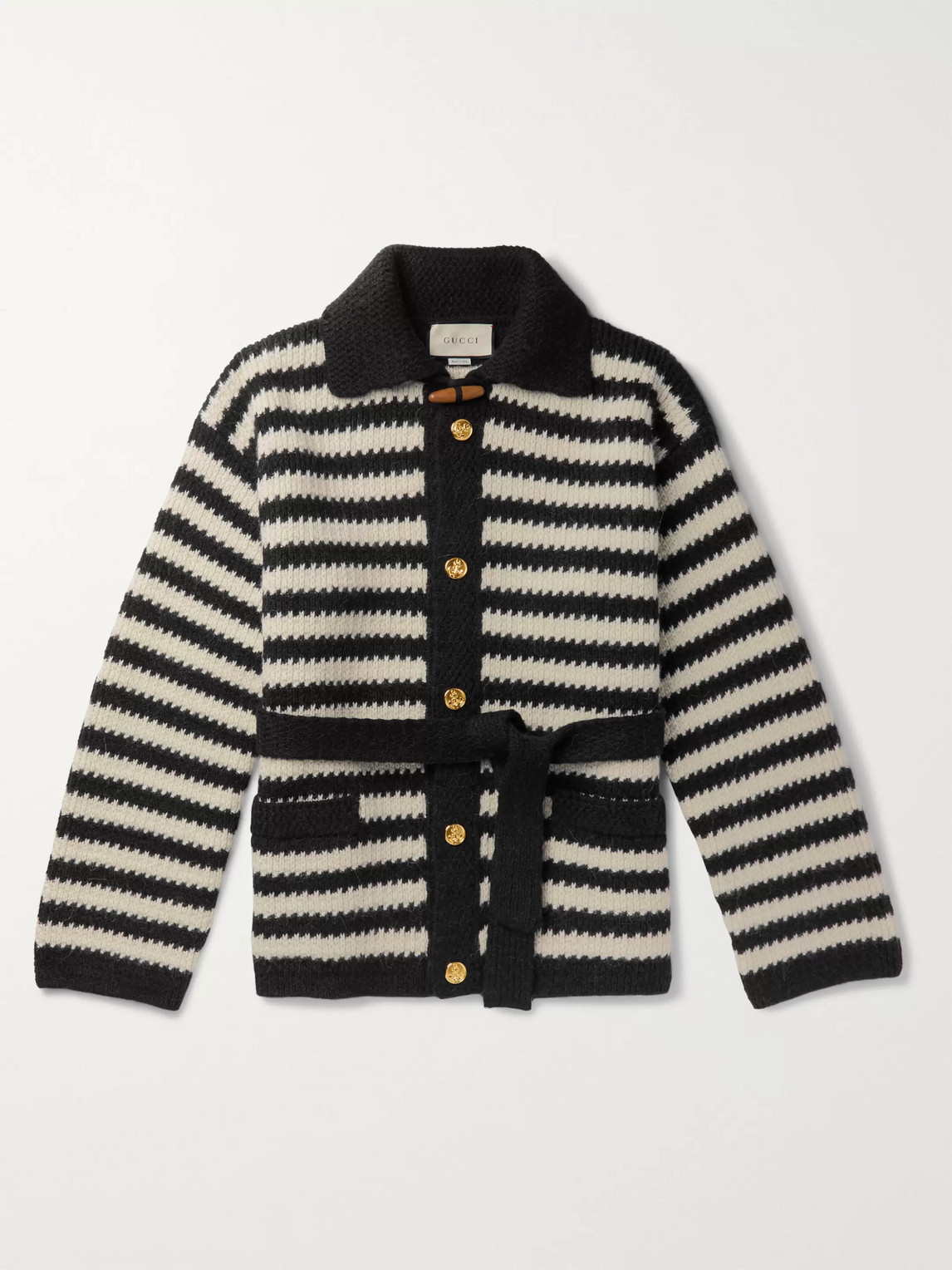Gucci Belted Striped Wool And Alpaca-blend Cardigan In Black